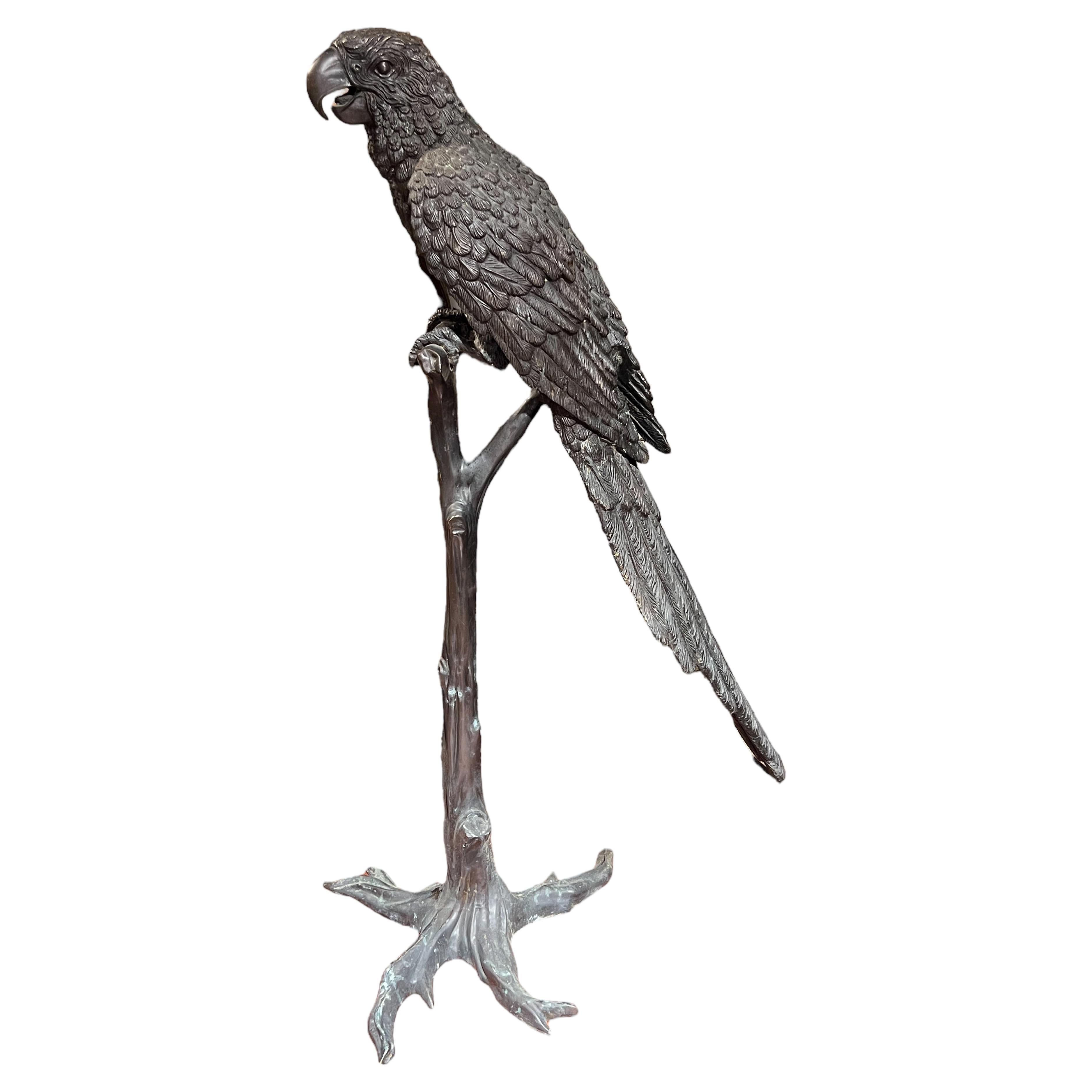 Large Patinated Bronze Parrot on Perch After Jules Moigniez