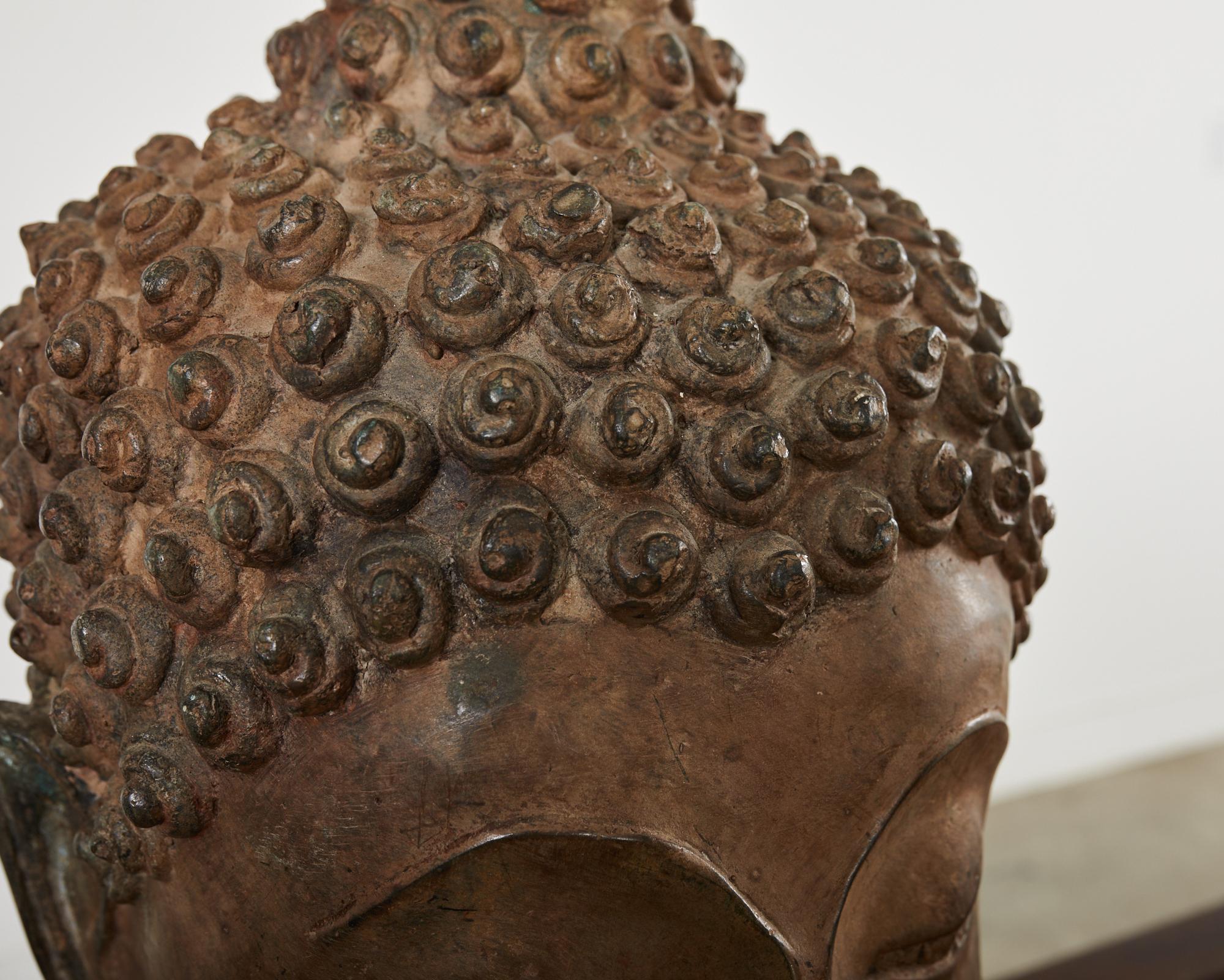 20th Century Large Patinated Bronze Sukhothai Style Buddha Head Sculpture For Sale