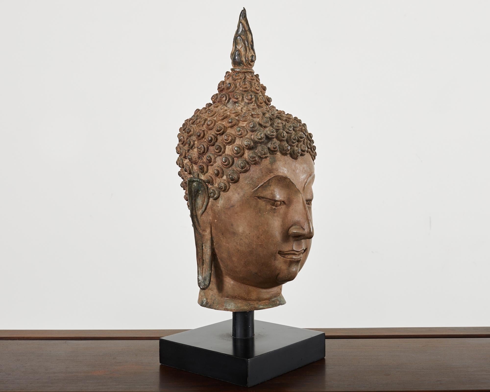 Large Patinated Bronze Sukhothai Style Buddha Head Sculpture For Sale 1