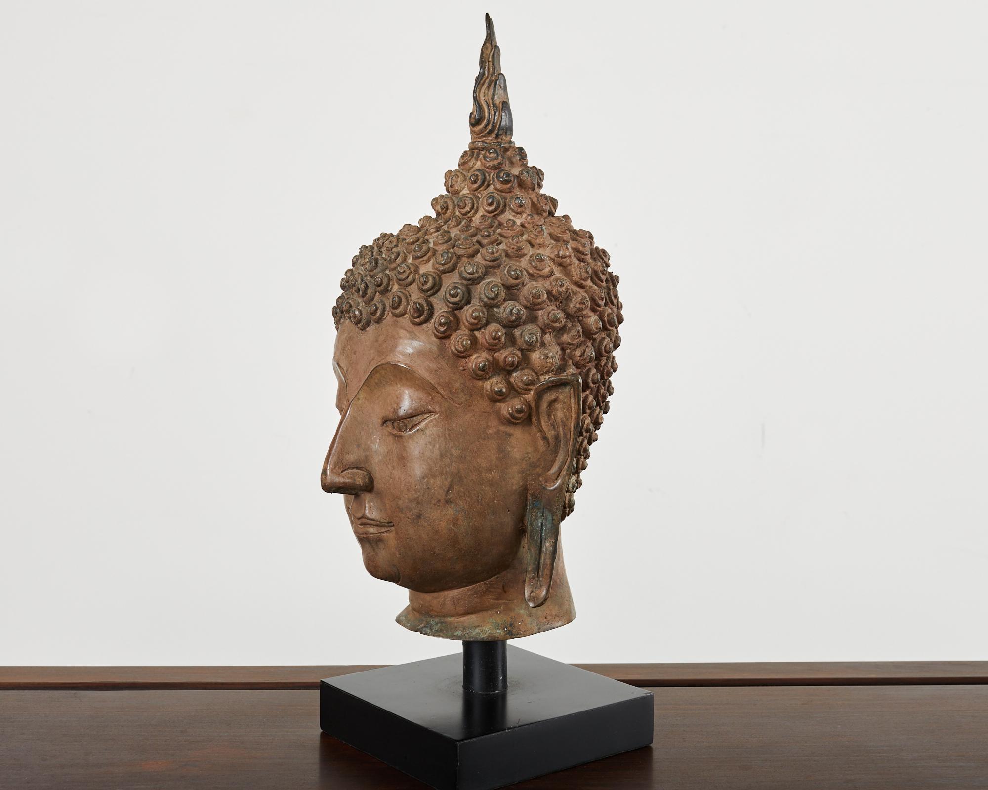 Large Patinated Bronze Sukhothai Style Buddha Head Sculpture For Sale 2