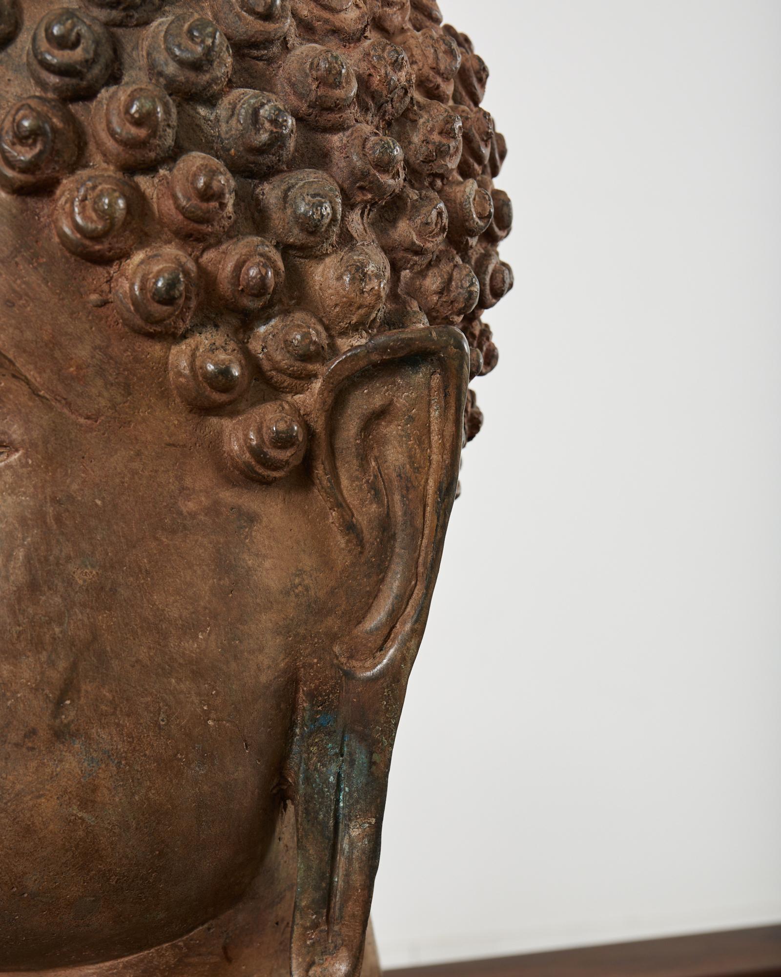 Large Patinated Bronze Sukhothai Style Buddha Head Sculpture For Sale 10