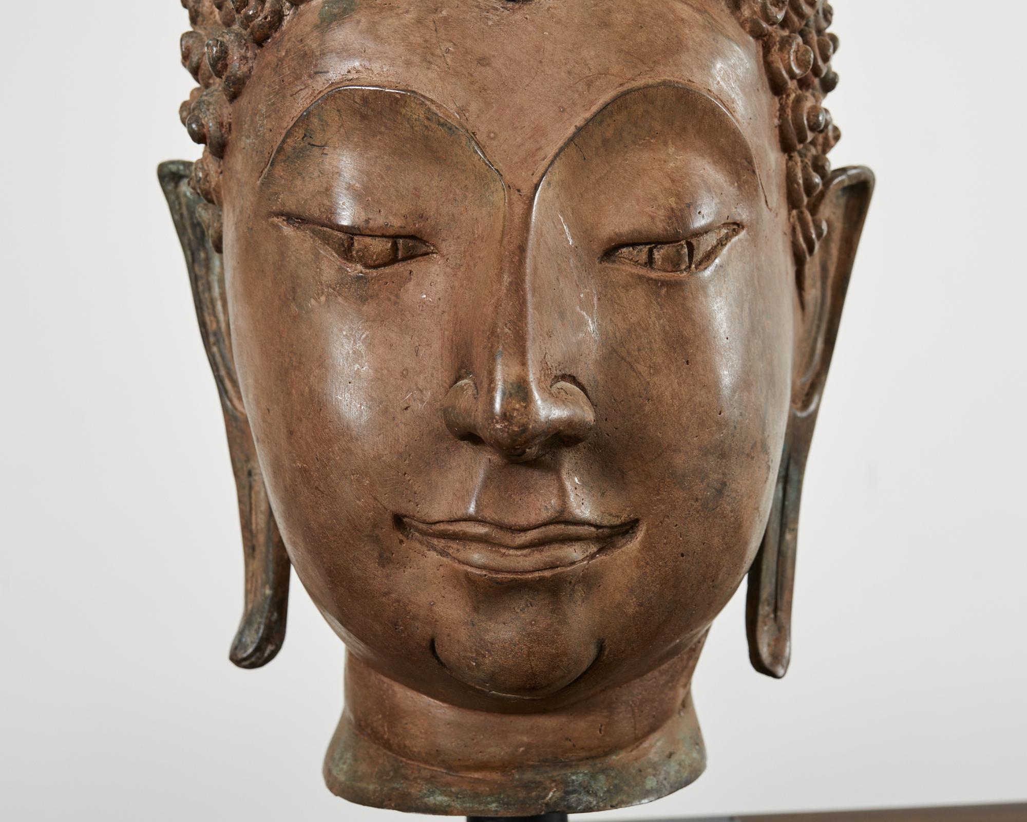 Tribal Large Patinated Bronze Sukhothai Style Buddha Head Sculpture For Sale
