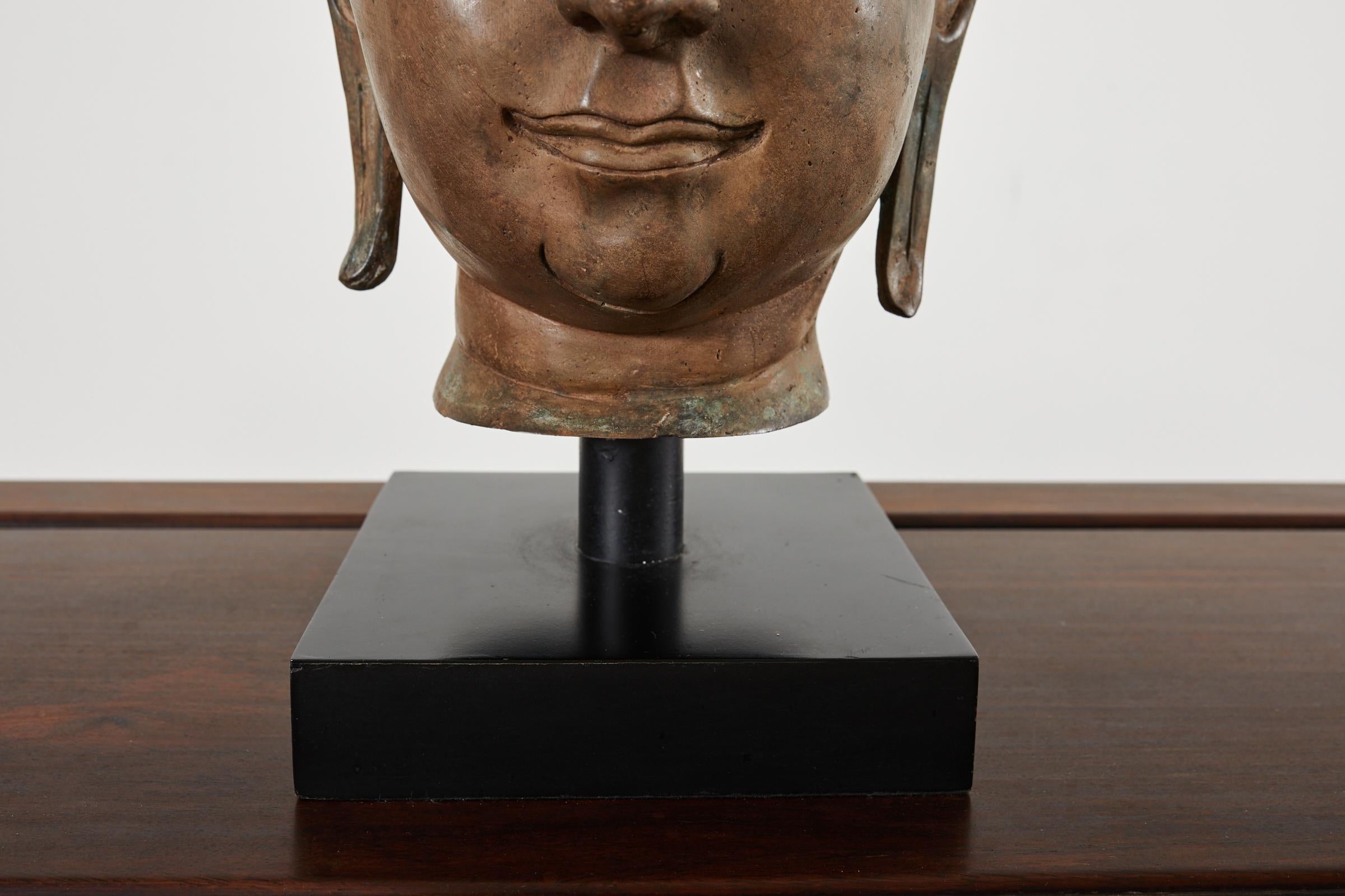 Thai Large Patinated Bronze Sukhothai Style Buddha Head Sculpture For Sale