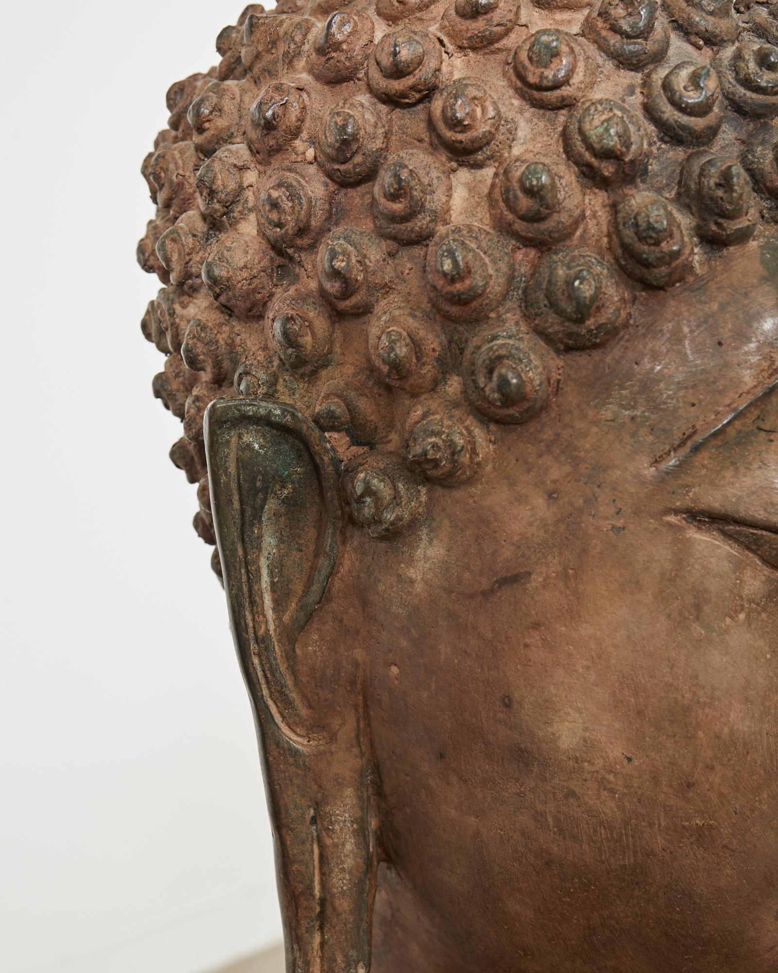 Large Patinated Bronze Sukhothai Style Buddha Head Sculpture In Good Condition For Sale In Rio Vista, CA