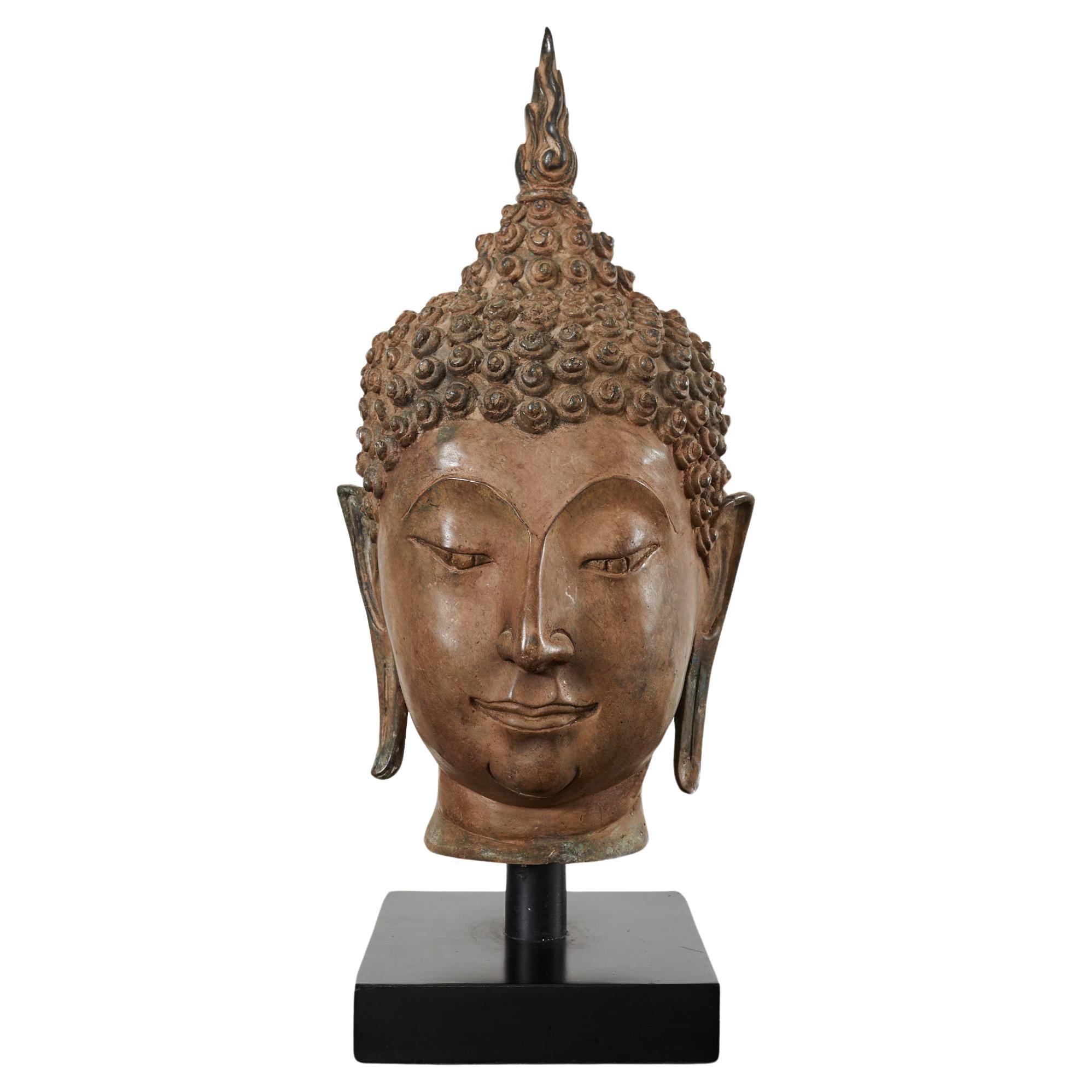 Large Patinated Bronze Sukhothai Style Buddha Head Sculpture For Sale