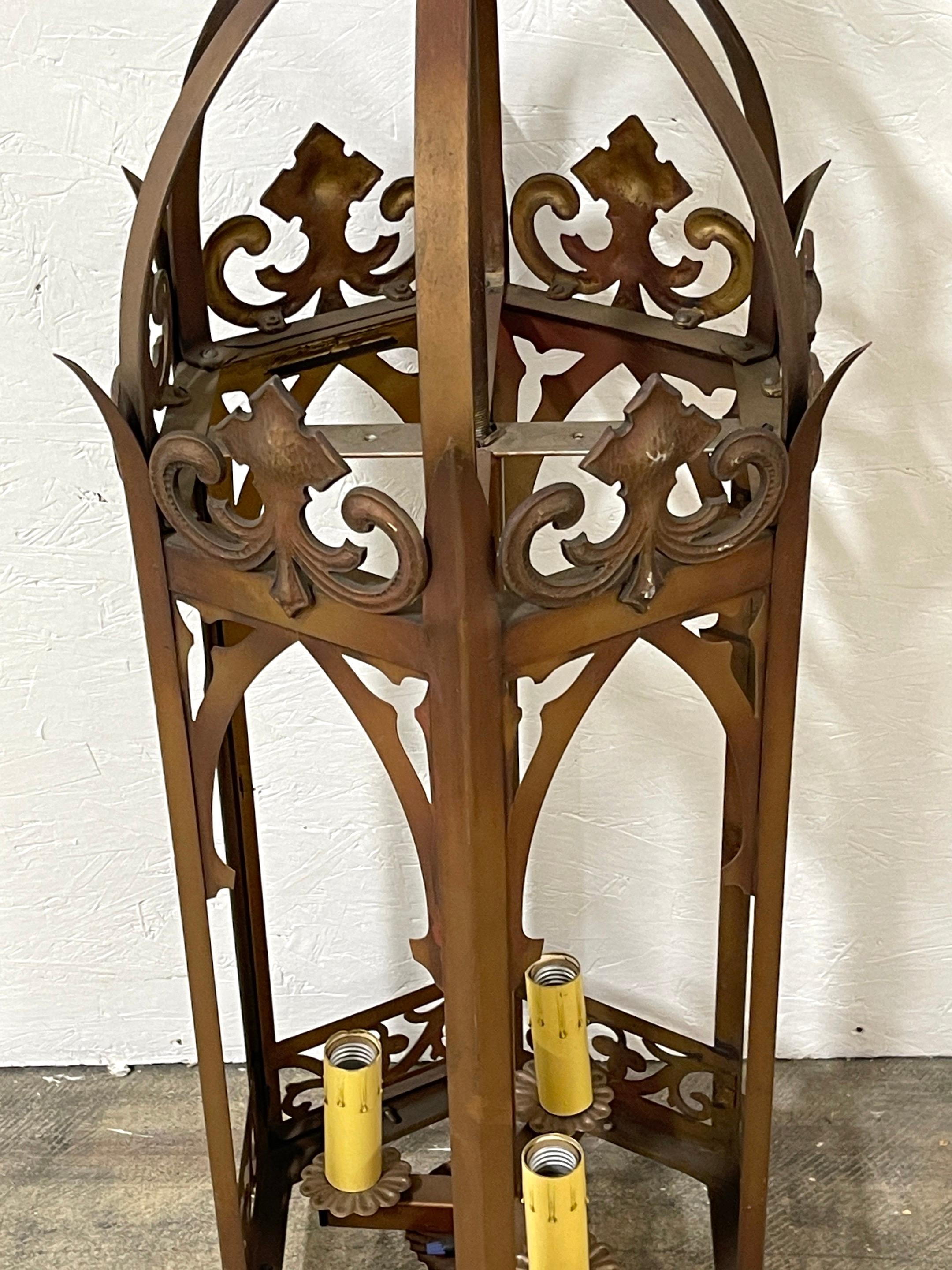 20th Century Large Patinated Gothic Style Hexagonal Lantern, Rewired, Second Available For Sale