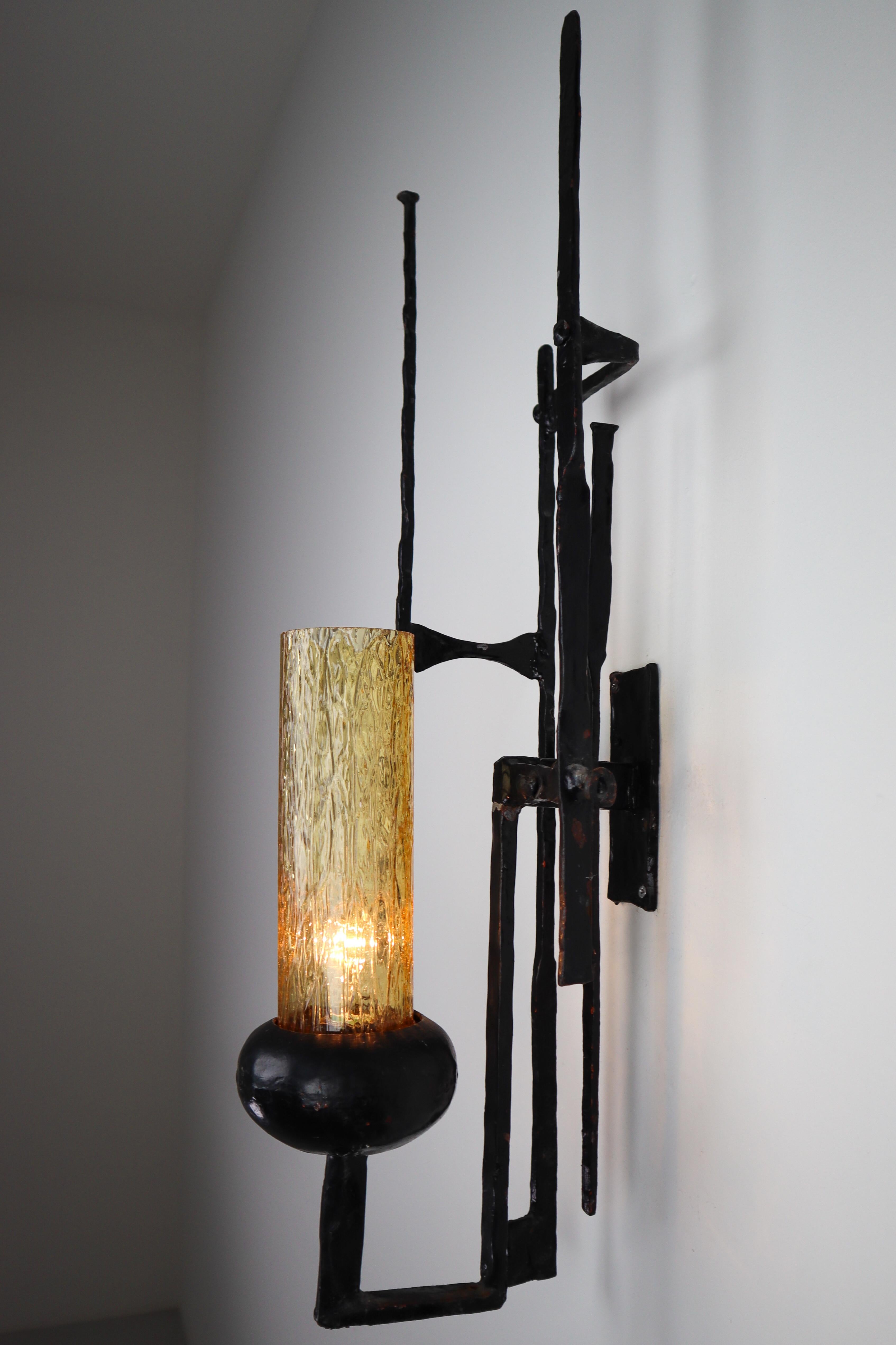 Italian Large Patinated Iron and Amber Color Glass Brutalist Wall Lights Sculptures