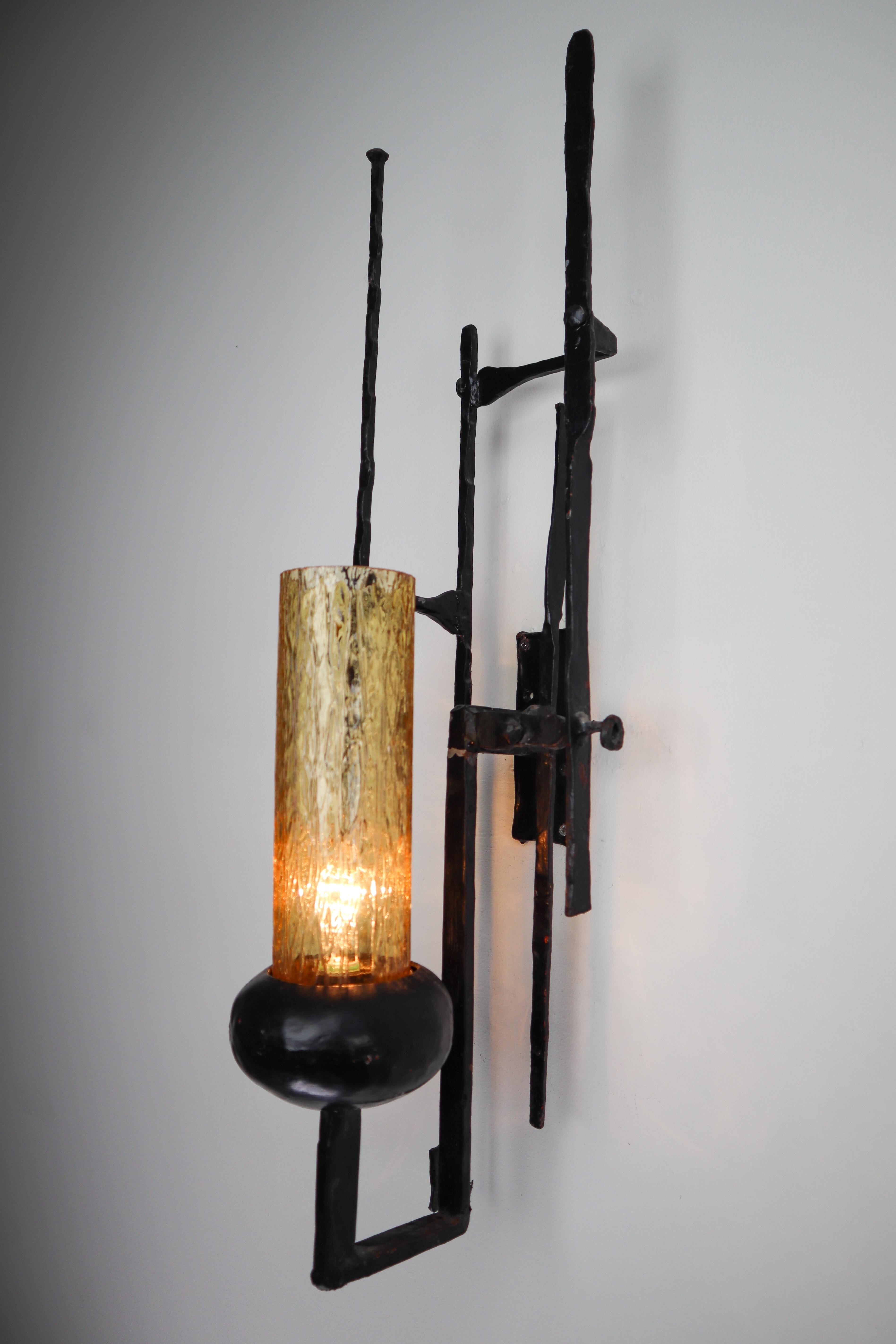 Mid-20th Century Large Patinated Iron and Amber Color Glass Brutalist Wall Lights Sculptures