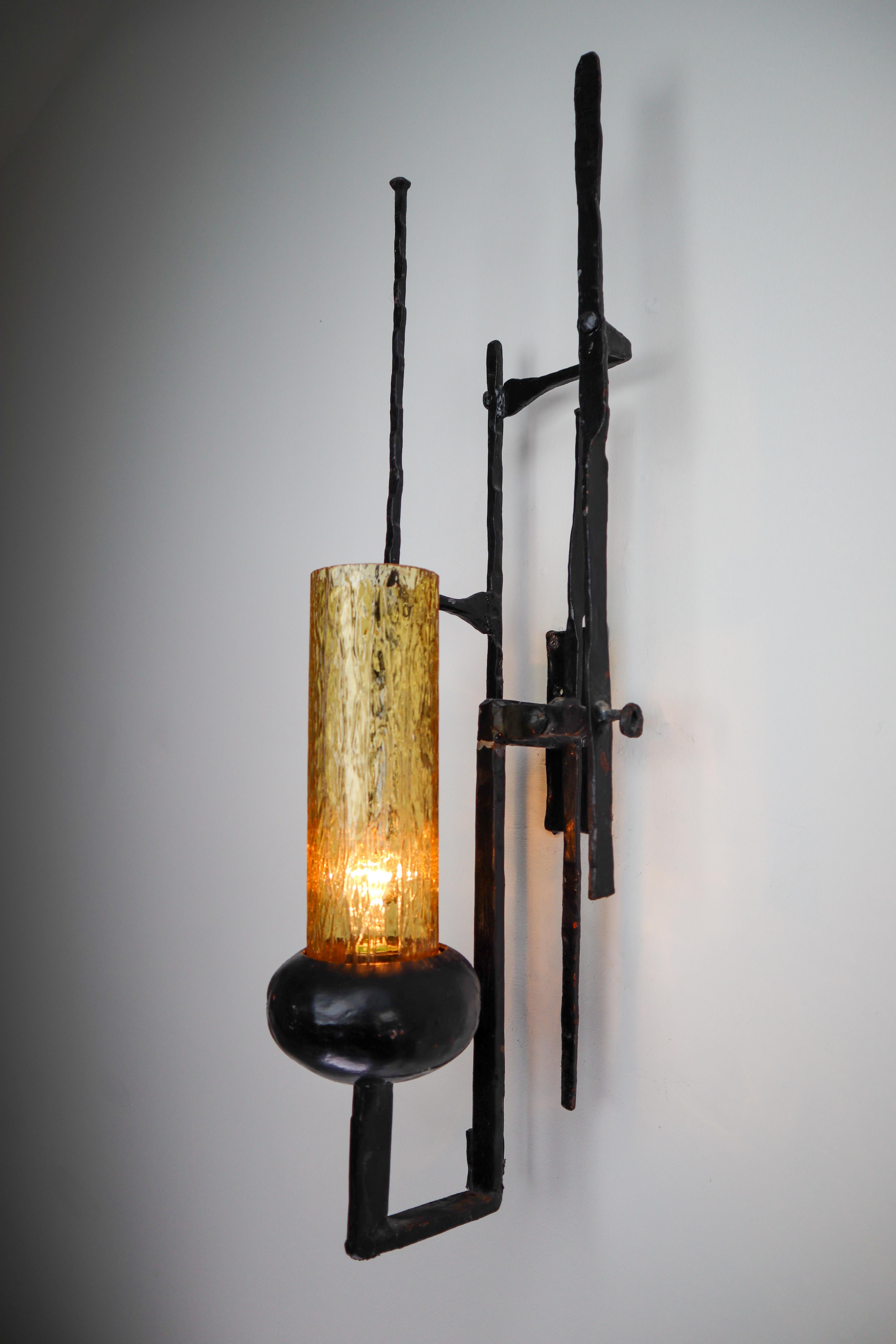 Steel Large Patinated Iron and Amber Color Glass Brutalist Wall Lights Sculptures