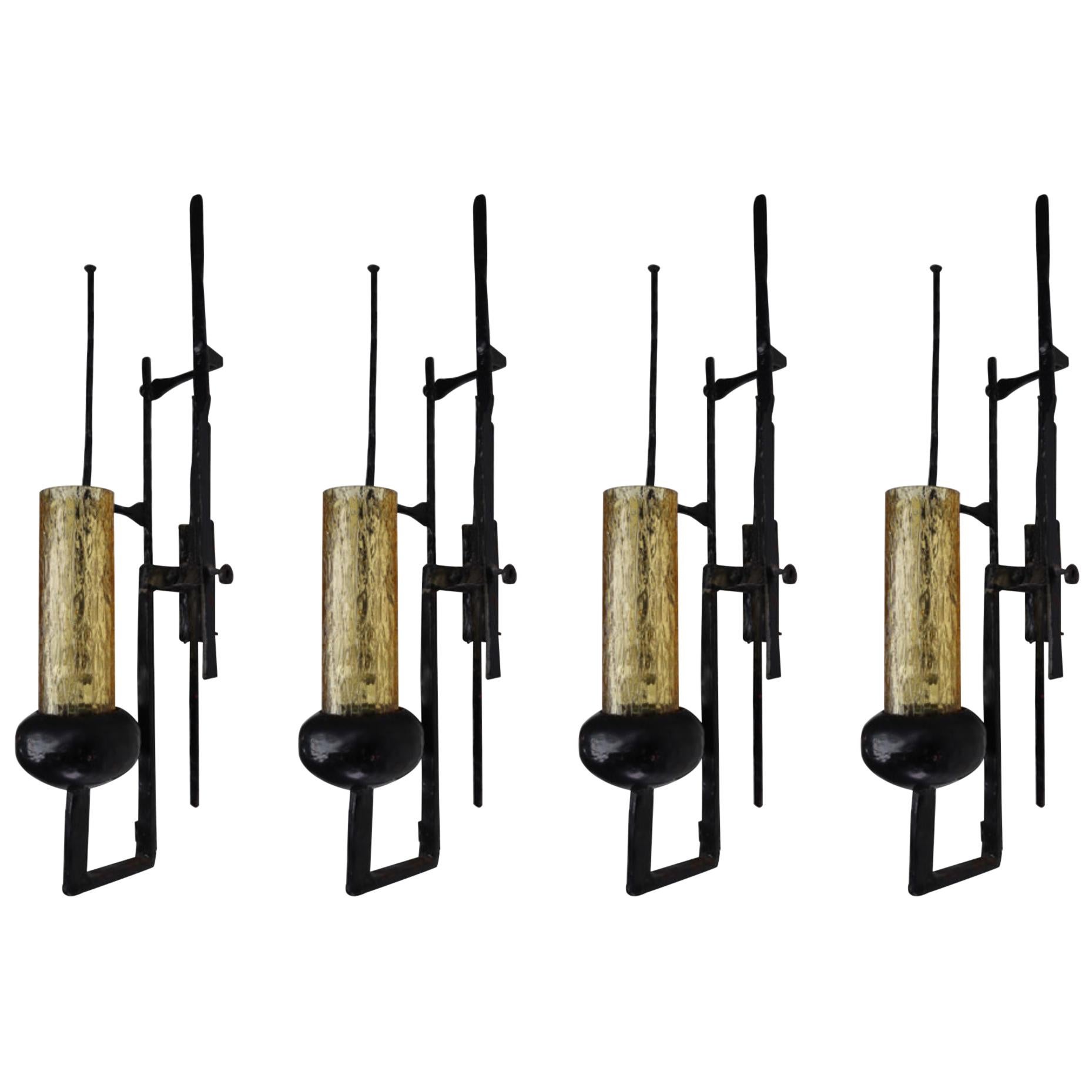 Large Patinated Iron and Amber Color Glass Brutalist Wall Lights Sculptures