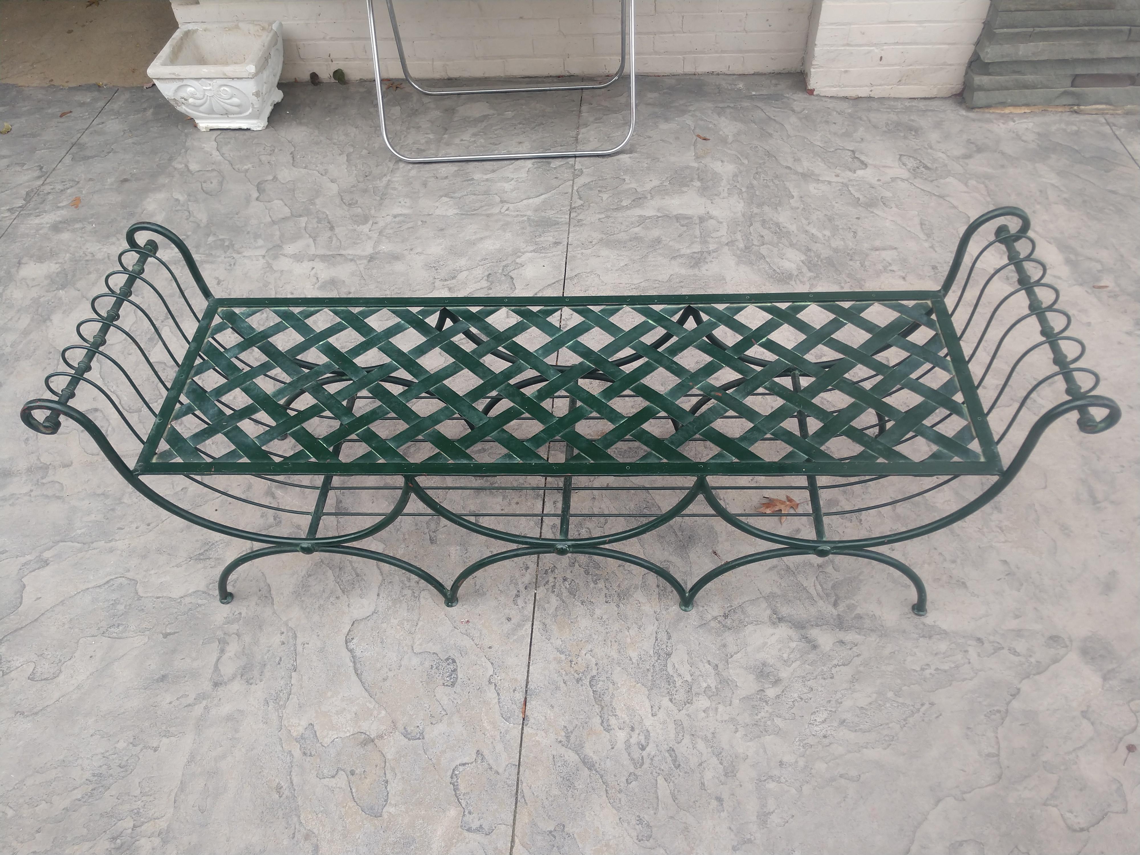 Large Patinated Iron Bench with Cushion by John Salterini 3