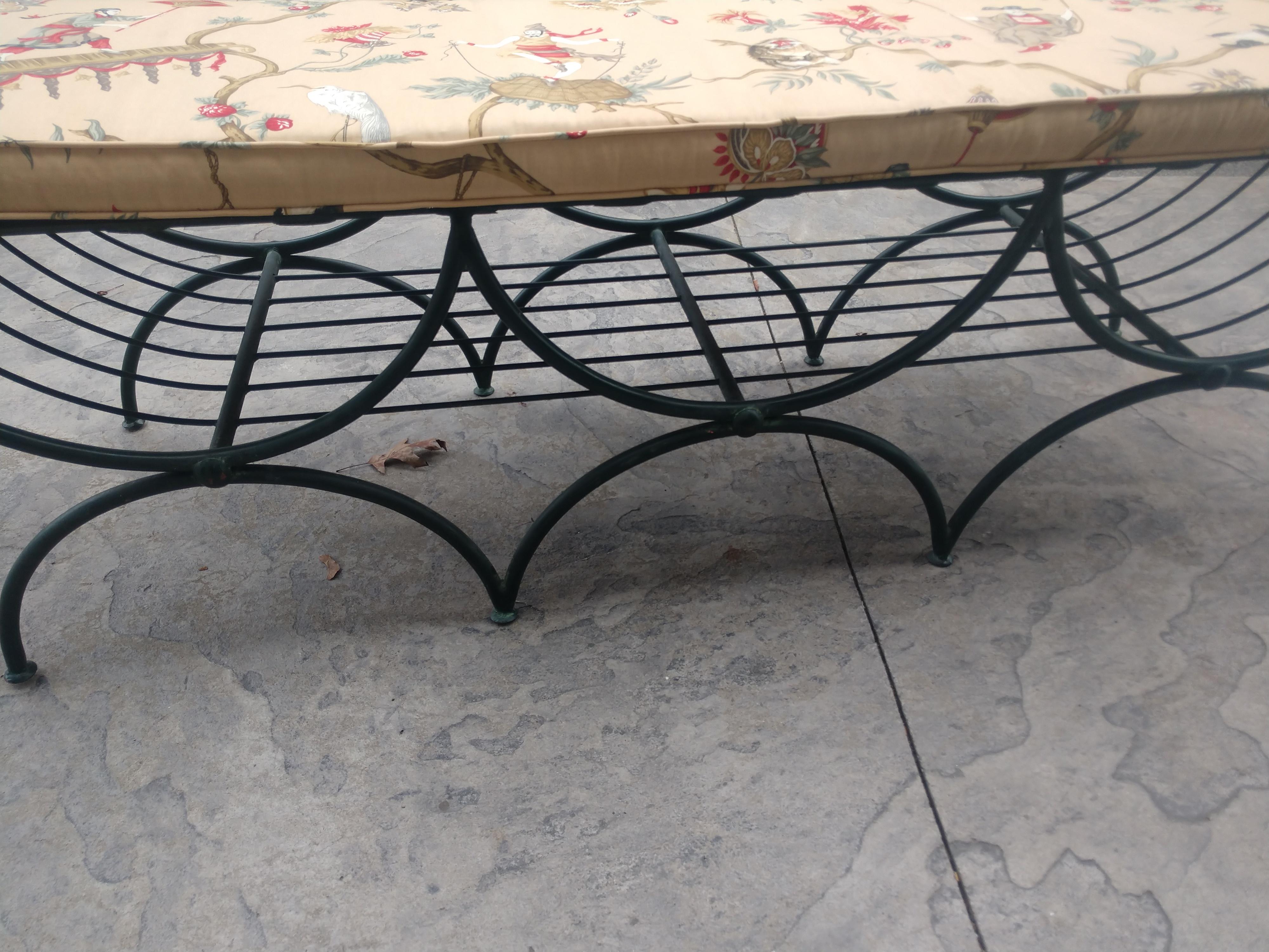 Neoclassical Large Patinated Iron Bench with Cushion by John Salterini