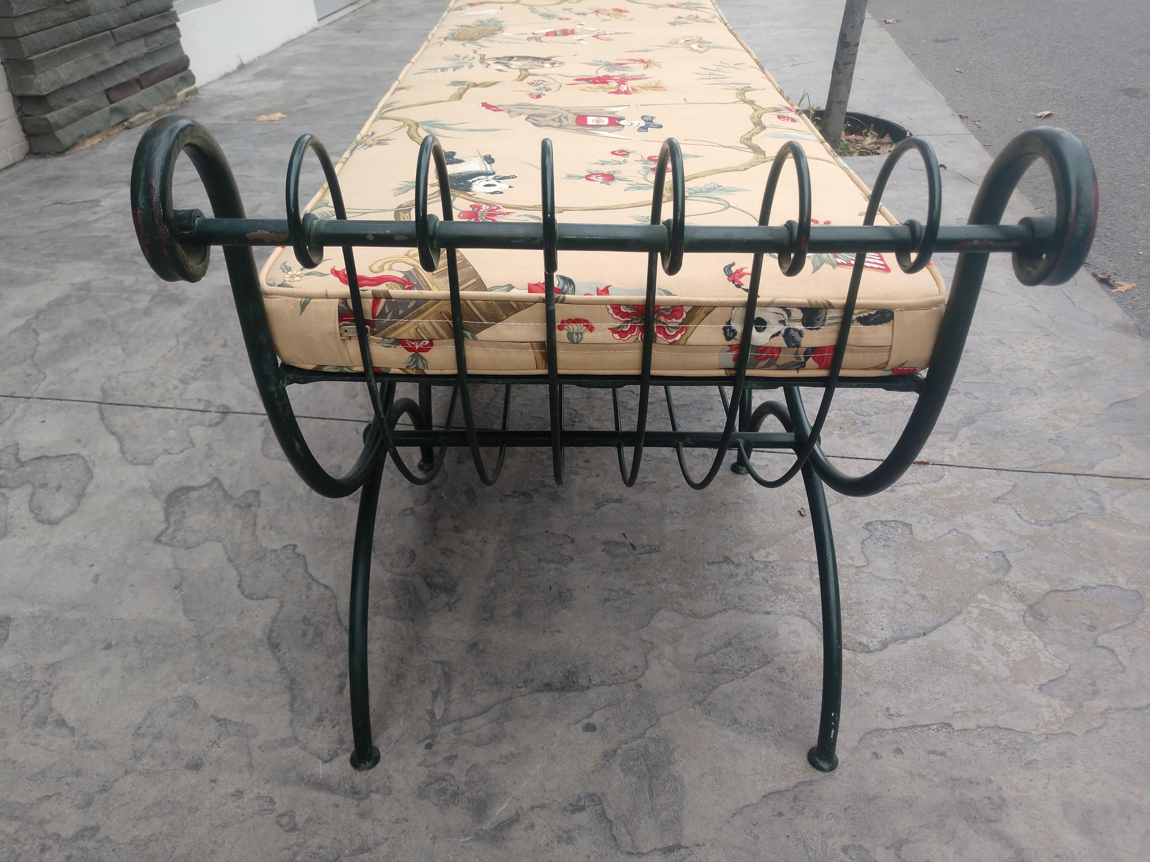 Italian Large Patinated Iron Bench with Cushion by John Salterini