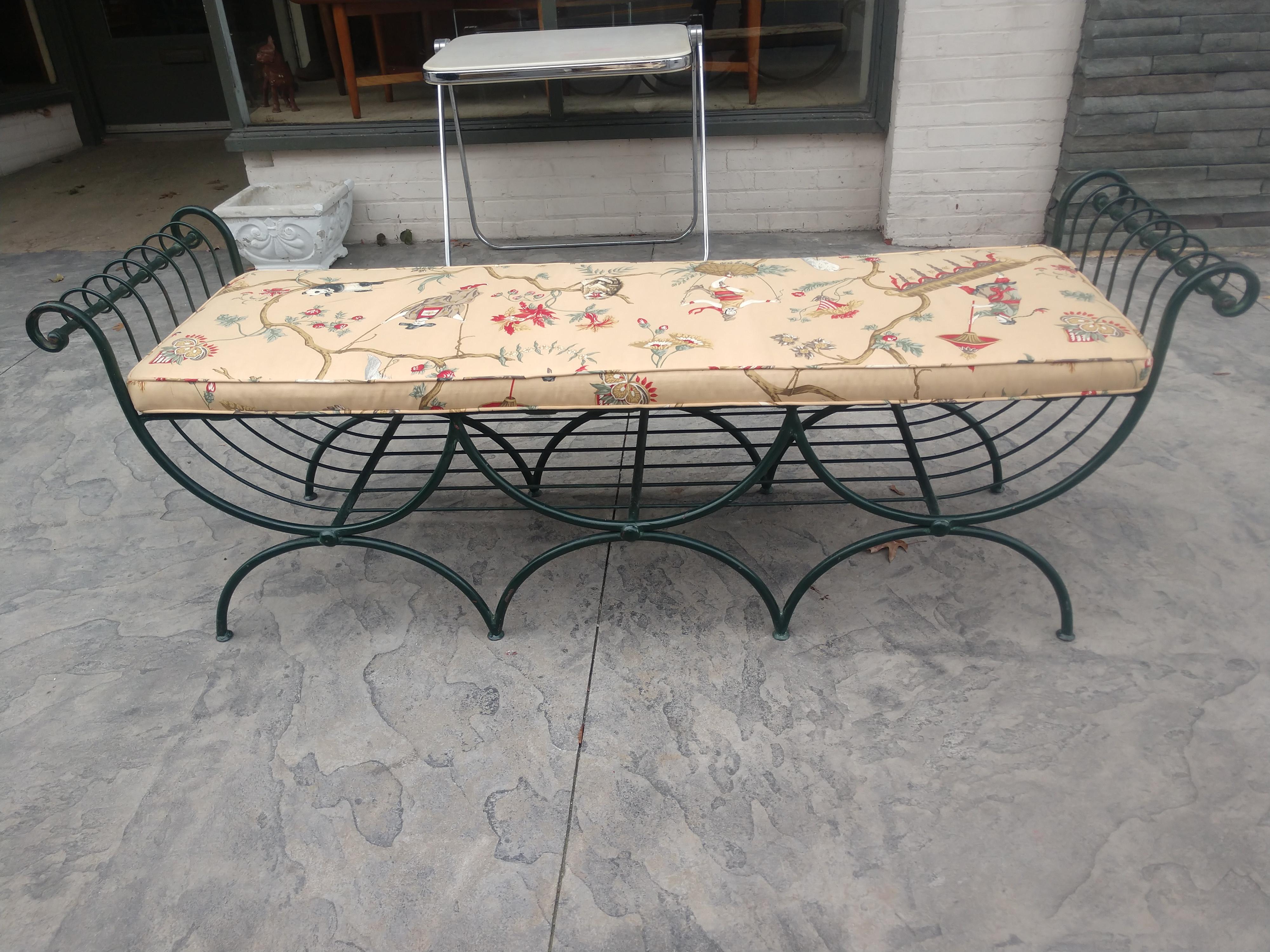 Large Patinated Iron Bench with Cushion by John Salterini In Good Condition In Port Jervis, NY