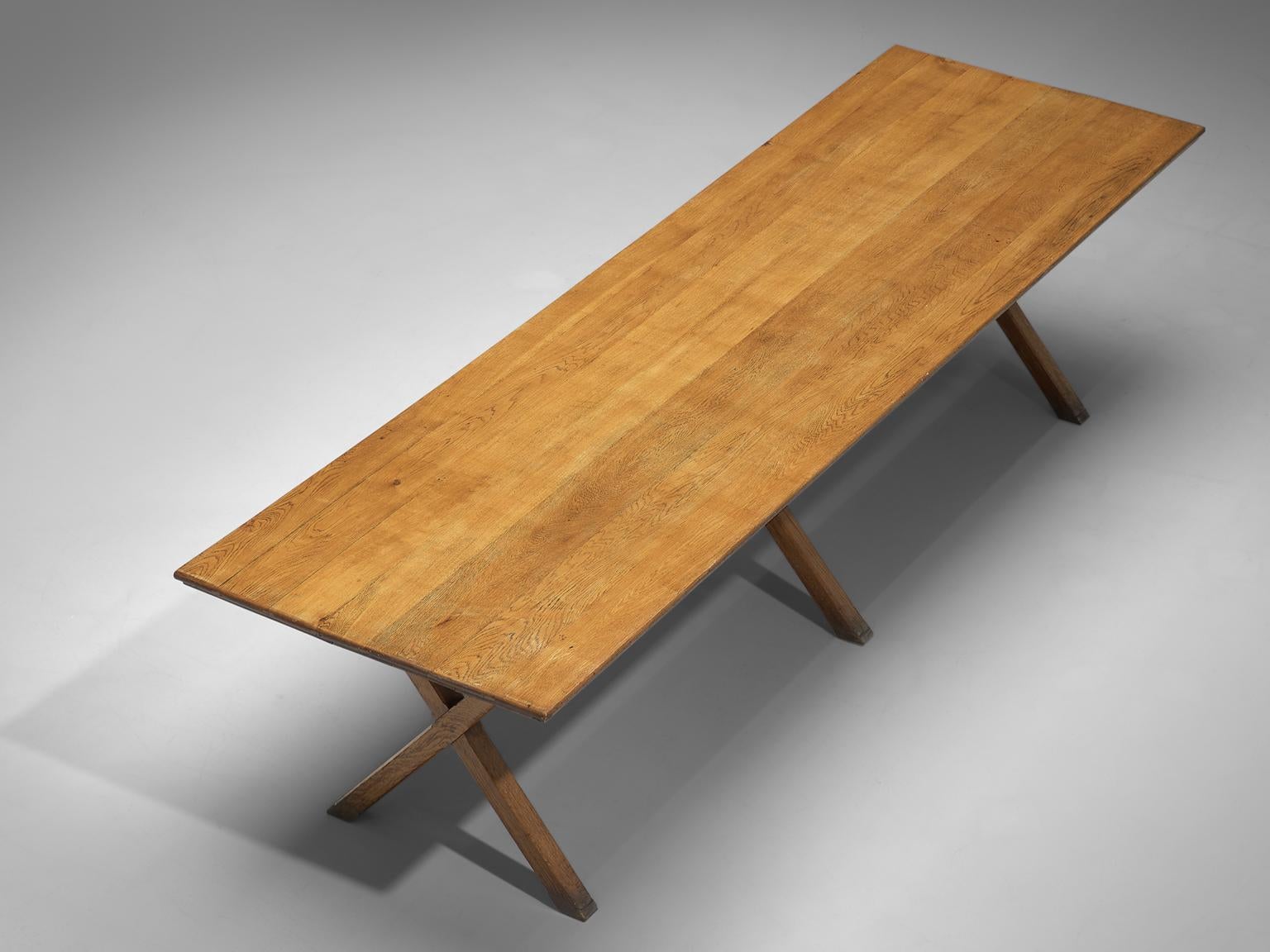 Mid-Century Modern Large Patinated Solid Oak Dining Table