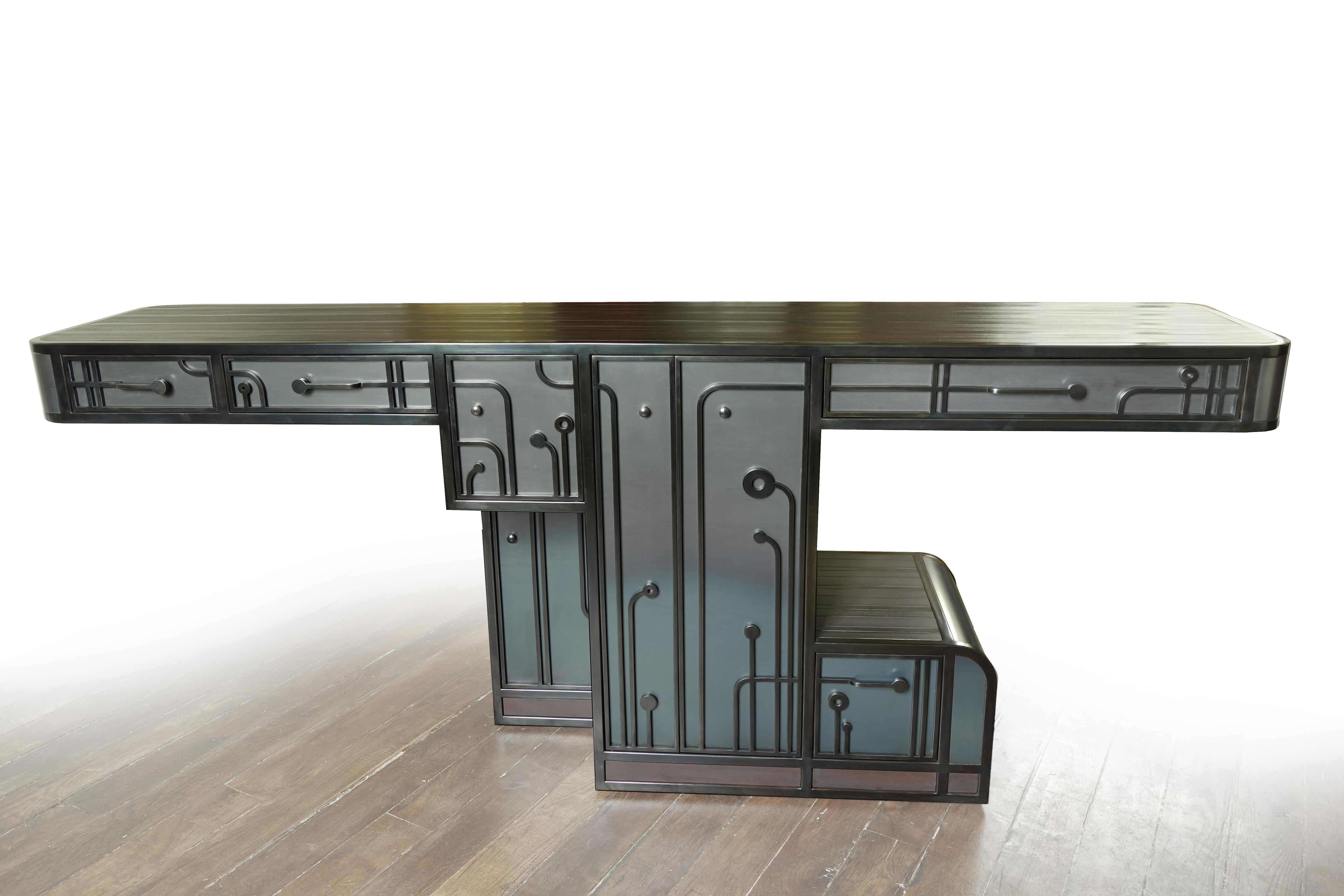 Console / cabinet in patinated and waxed steel, one of a kind by french designer CWagenaar 
With 4 drawers and 4 doors
Creation 2019
Dimensions: 200 x 80 x 41 cm / 78 x 31 x 15 inches.