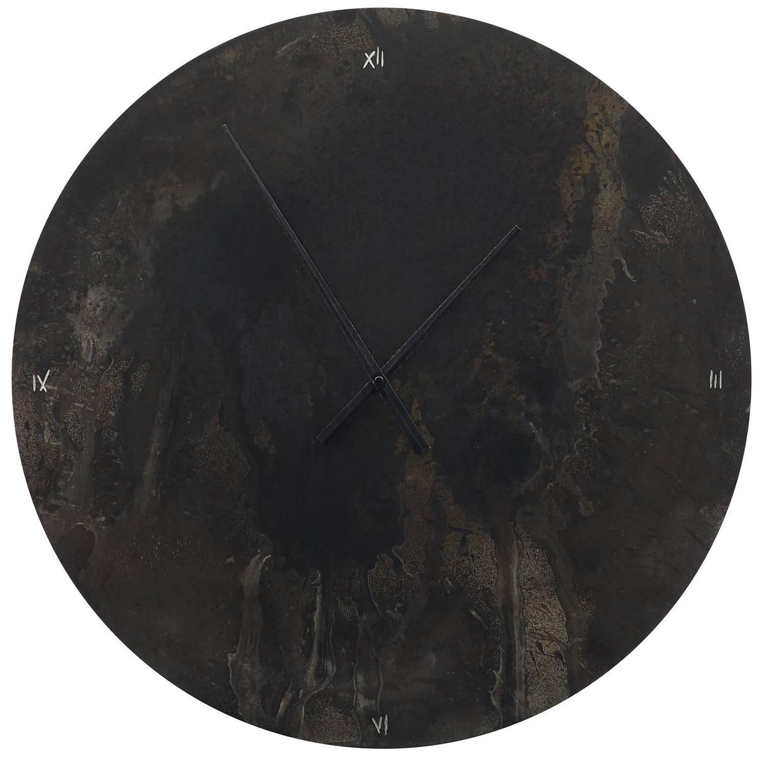 Large Patinated Steel Wall Clock with Artist's Hand Etched Numerals For Sale