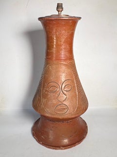 Large patinated terracotta ceramic lamp, France