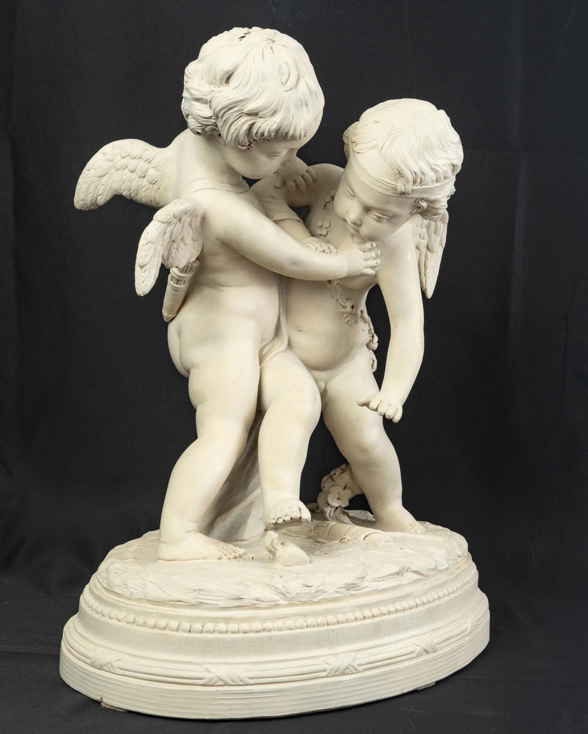 Large Patinated Terracotta Two Loves Disputing a Heart After Falconet 19th C. For Sale 2