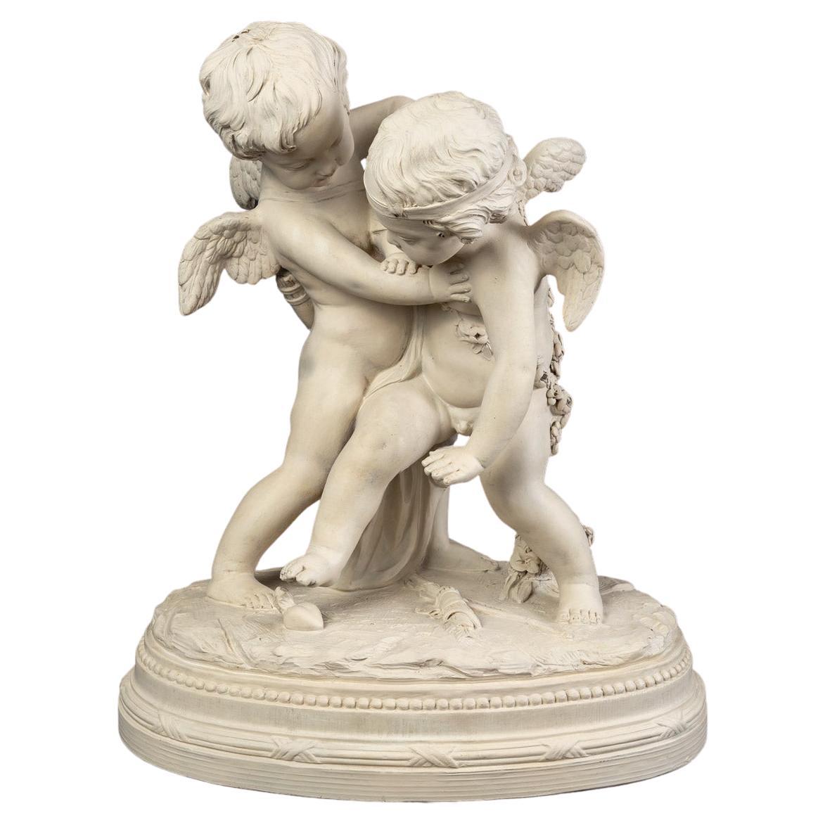 Large Patinated Terracotta Two Loves Disputing a Heart After Falconet 19th C. For Sale