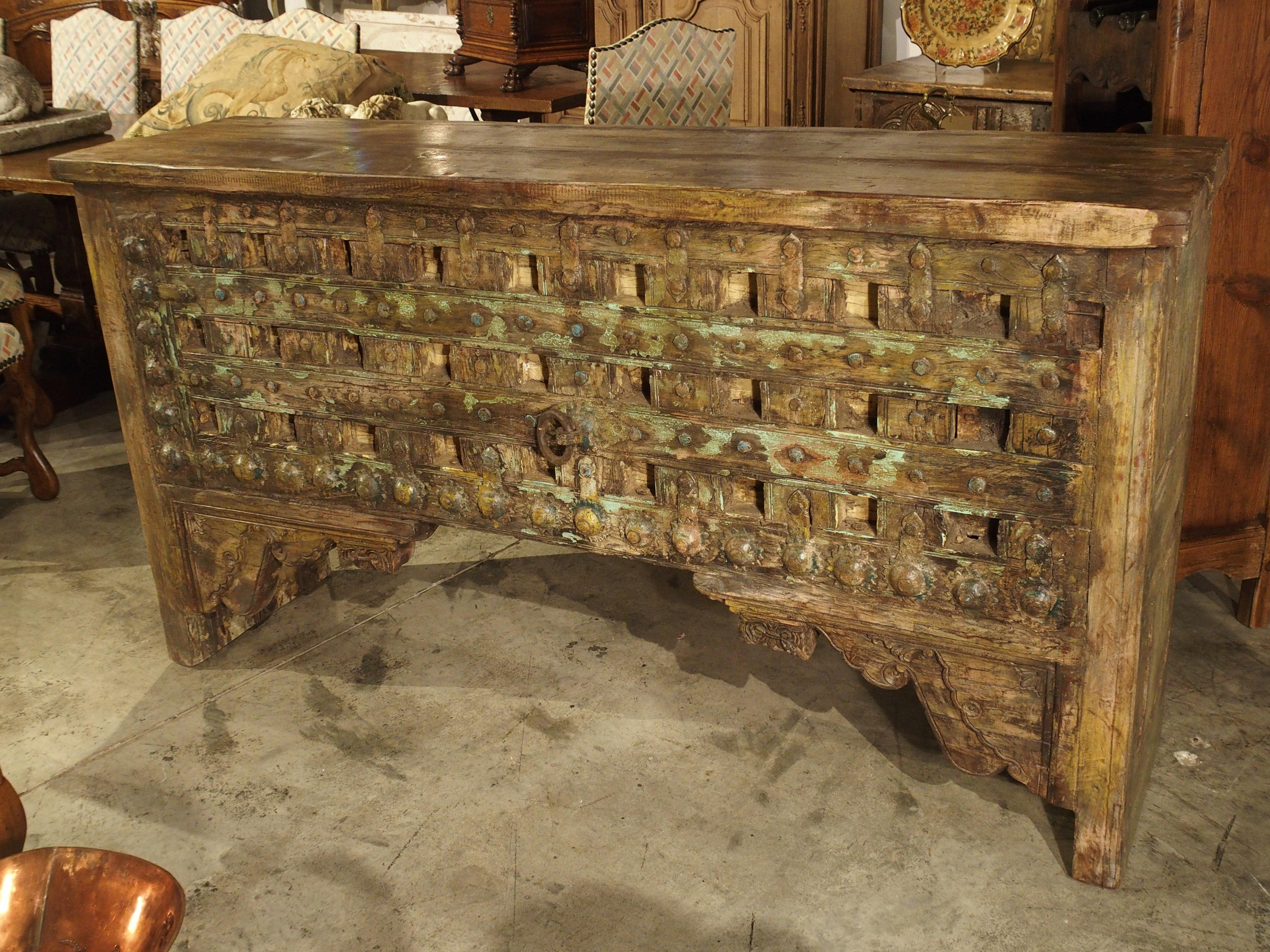 Large Patinated Wood and Iron Console Table from India 4