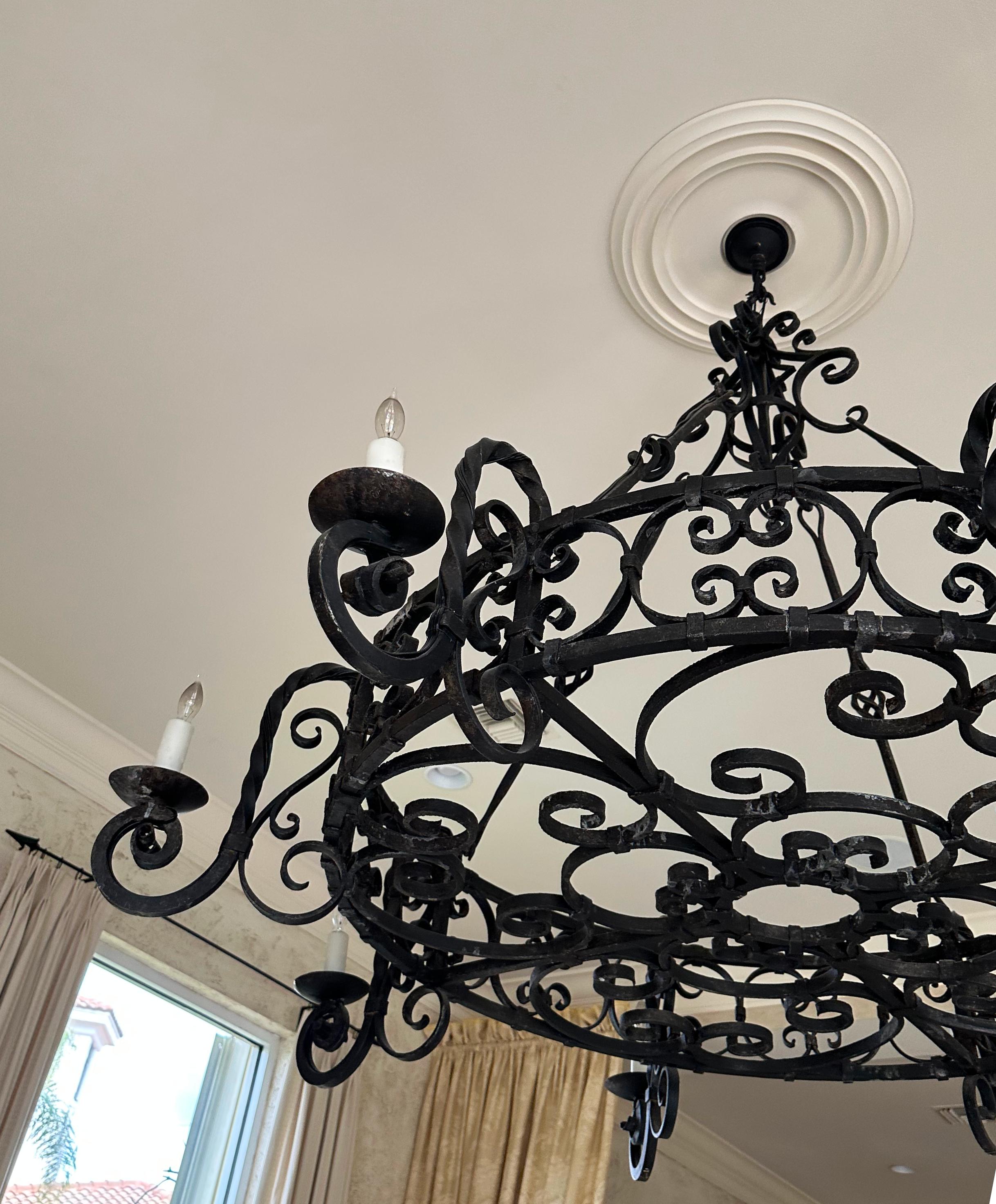 Large Patinated Wrought Iron Eight-Light Circular Chandelier  In Good Condition For Sale In West Palm Beach, FL