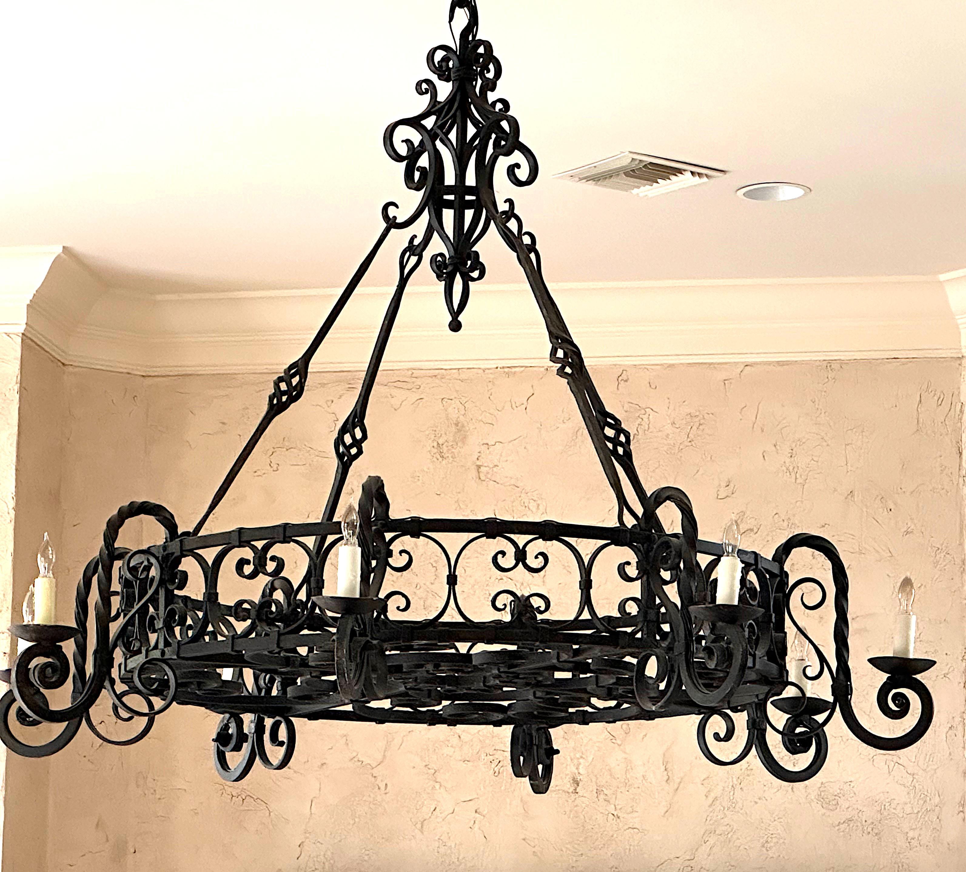 20th Century Large Patinated Wrought Iron Eight-Light Circular Chandelier  For Sale