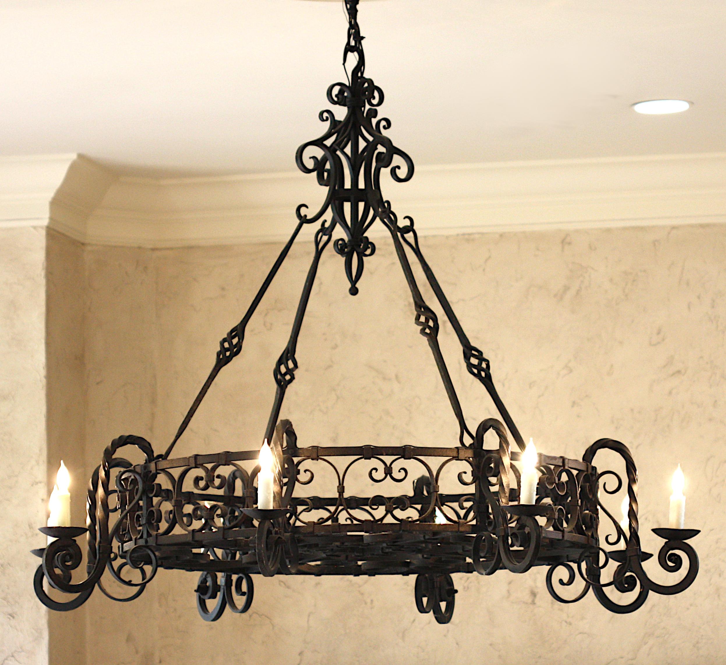Large Patinated Wrought Iron Eight-Light Circular Chandelier  For Sale 2