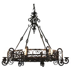 Vintage Large Patinated Wrought Iron Eight-Light Circular Chandelier 