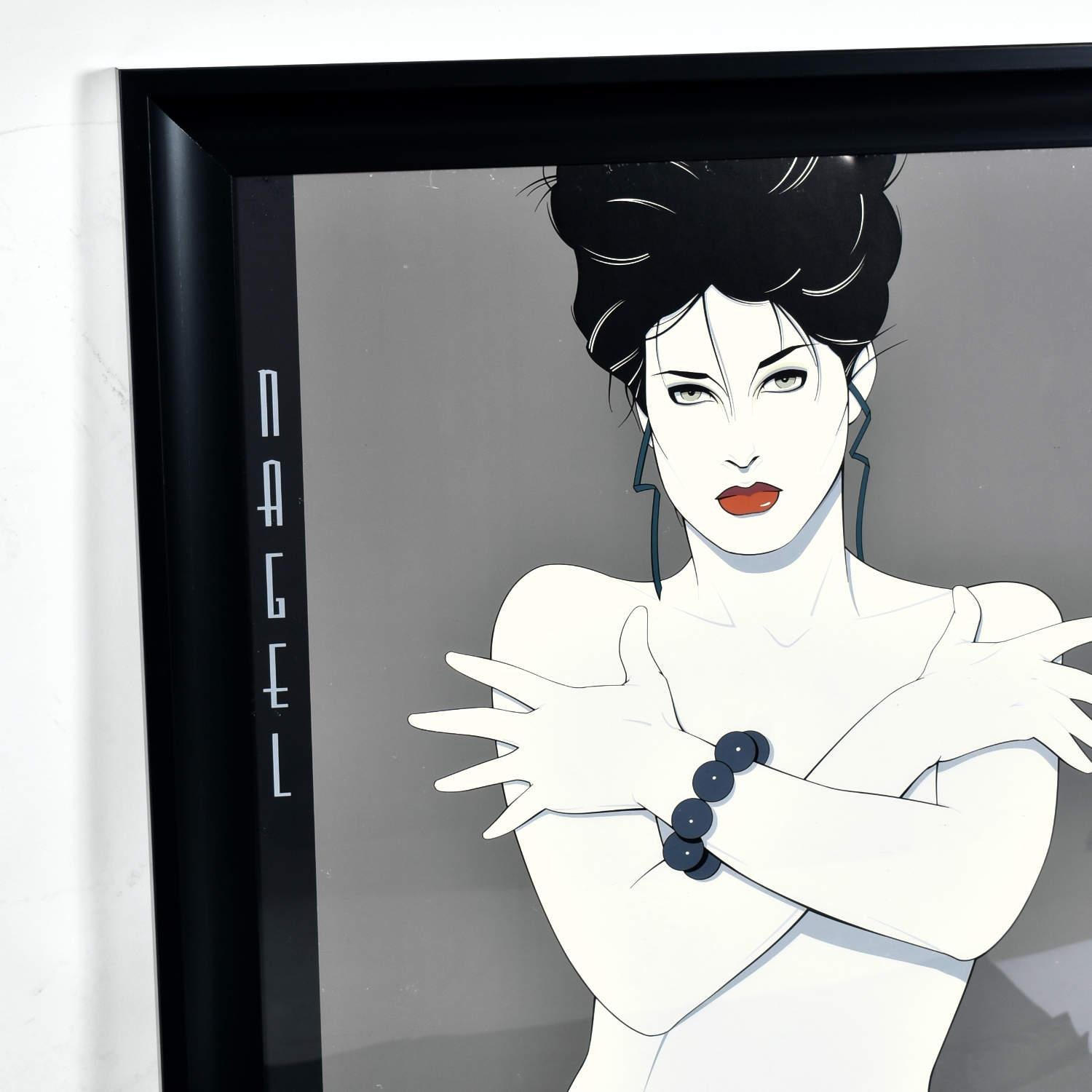 Vintage 1980s Patrick Nagel poster in new frame. This vintage poster is actually mounted to foam core. The original poster is housed in a new black poster frame with acrylic panel protecting the art.

Framed size: 28.5” Wide x 1” Deep x 40.5”