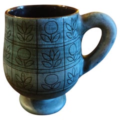 Large Patterned Mug On Matte Blue Glaze, By Jean De Lespinasse, 1950s / 1960s