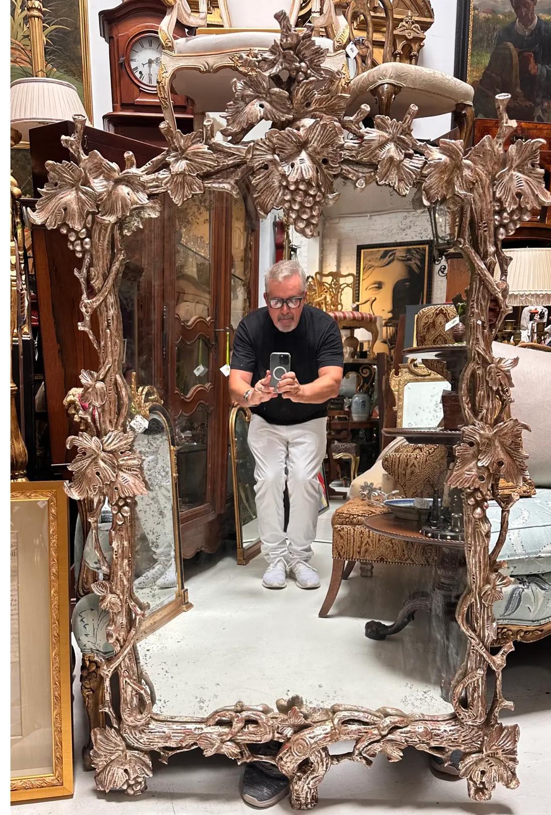 Large Paul Ferrante Grapes & Vines Silver Giltwood Mirror In Good Condition For Sale In LOS ANGELES, CA