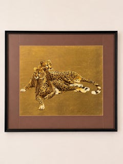 Großer Paul Longenecker "Ruhender Gepard" Lithographie auf vergoldetem Grund ca. 1980