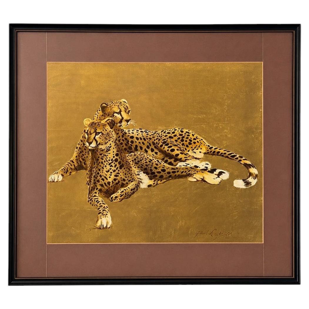 Large Paul Longenecker "Resting Cheetahs" Lithograph on Gilded Ground c. 1980 For Sale