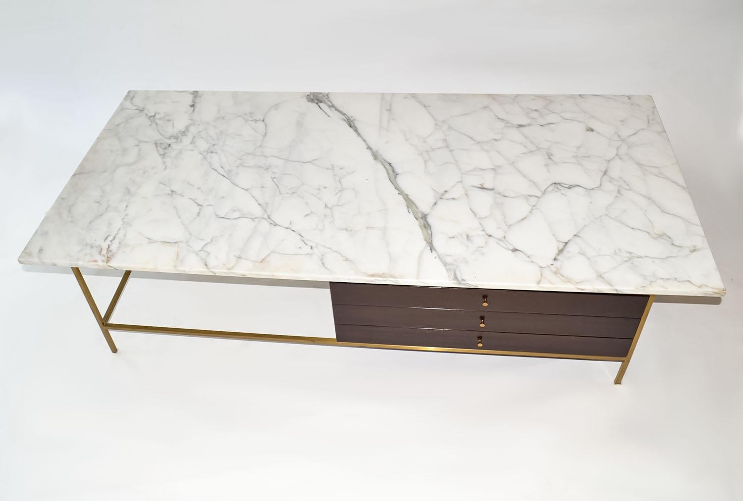 Paul McCobb for Calvin Coffee Table in Marble, Brass and Wood, Mid Century In Good Condition For Sale In Ft Lauderdale, FL