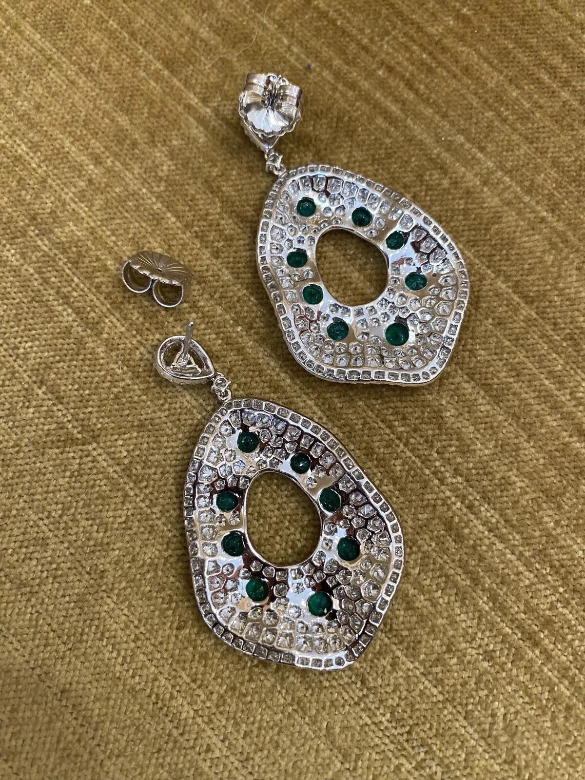 Women's Large Pavé Diamond and Emerald Drop Earrings in 18k White Gold For Sale