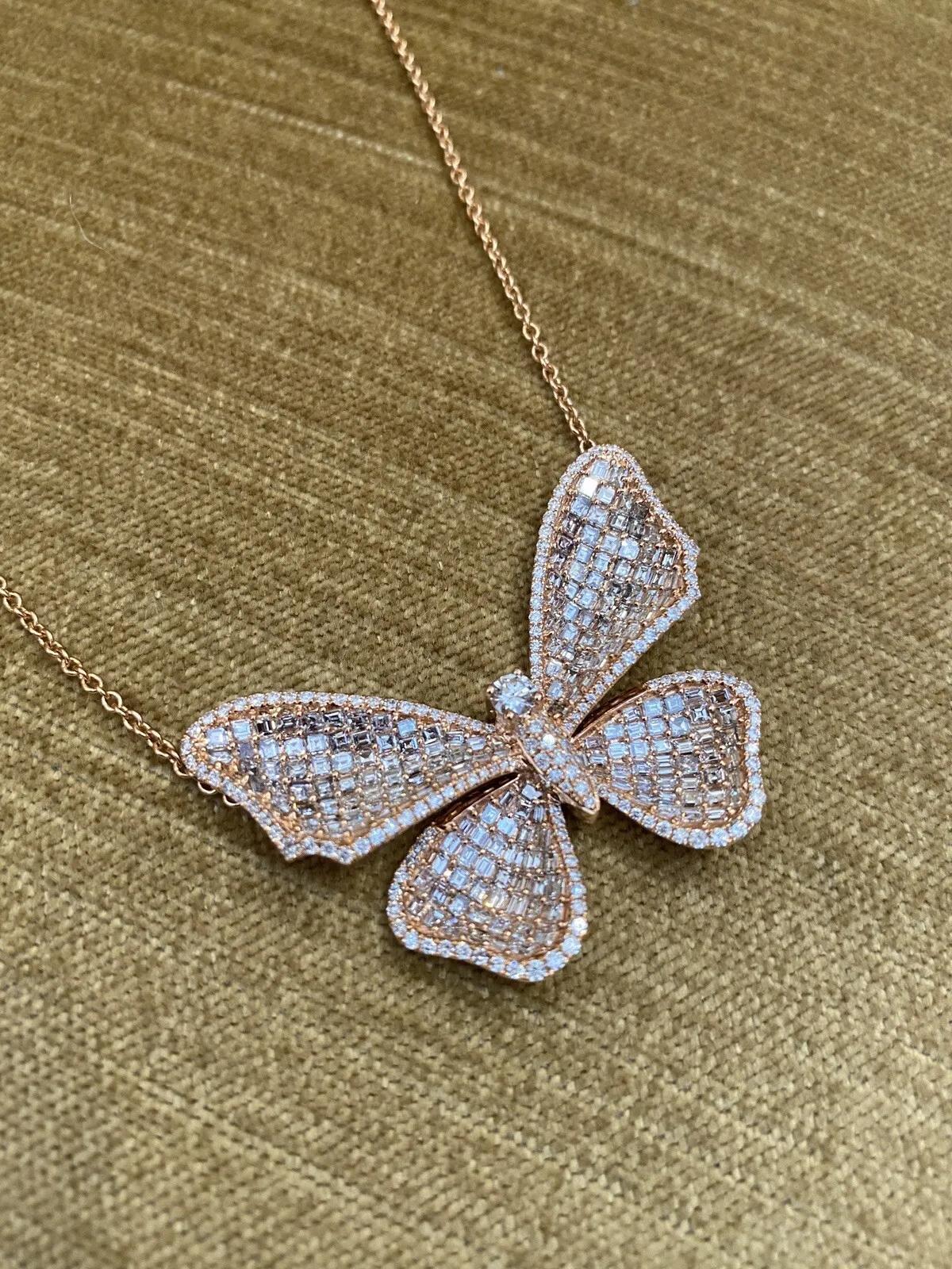 Large Pavé Diamond Butterfly Pendant Necklace in 18k Rose Gold                                                                                                                                                                                           