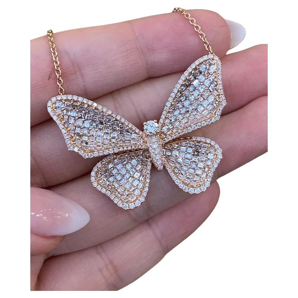 Large Pavé Diamond Butterfly Pendant Necklace in 18k Rose Gold For Sale