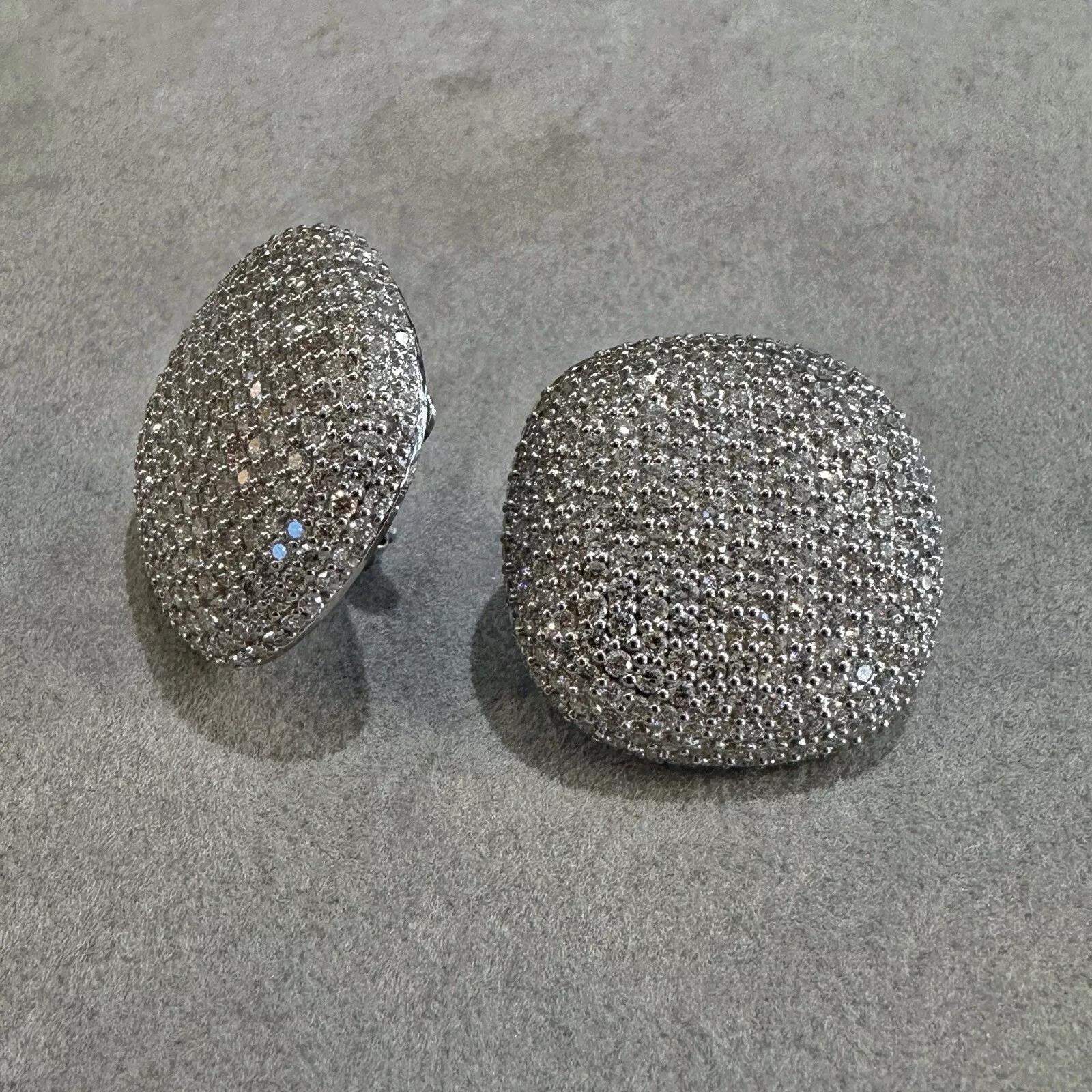 Round Cut Large Pave Diamond Cushion Button Earrings 6.93 carat total in 18k White Gold For Sale