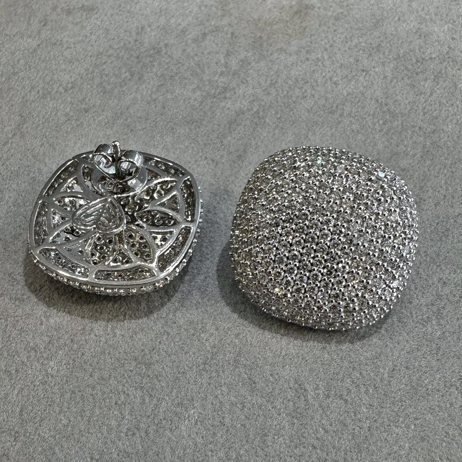 Large Pave Diamond Cushion Button Earrings 6.93 carat total in 18k White Gold In Excellent Condition For Sale In La Jolla, CA