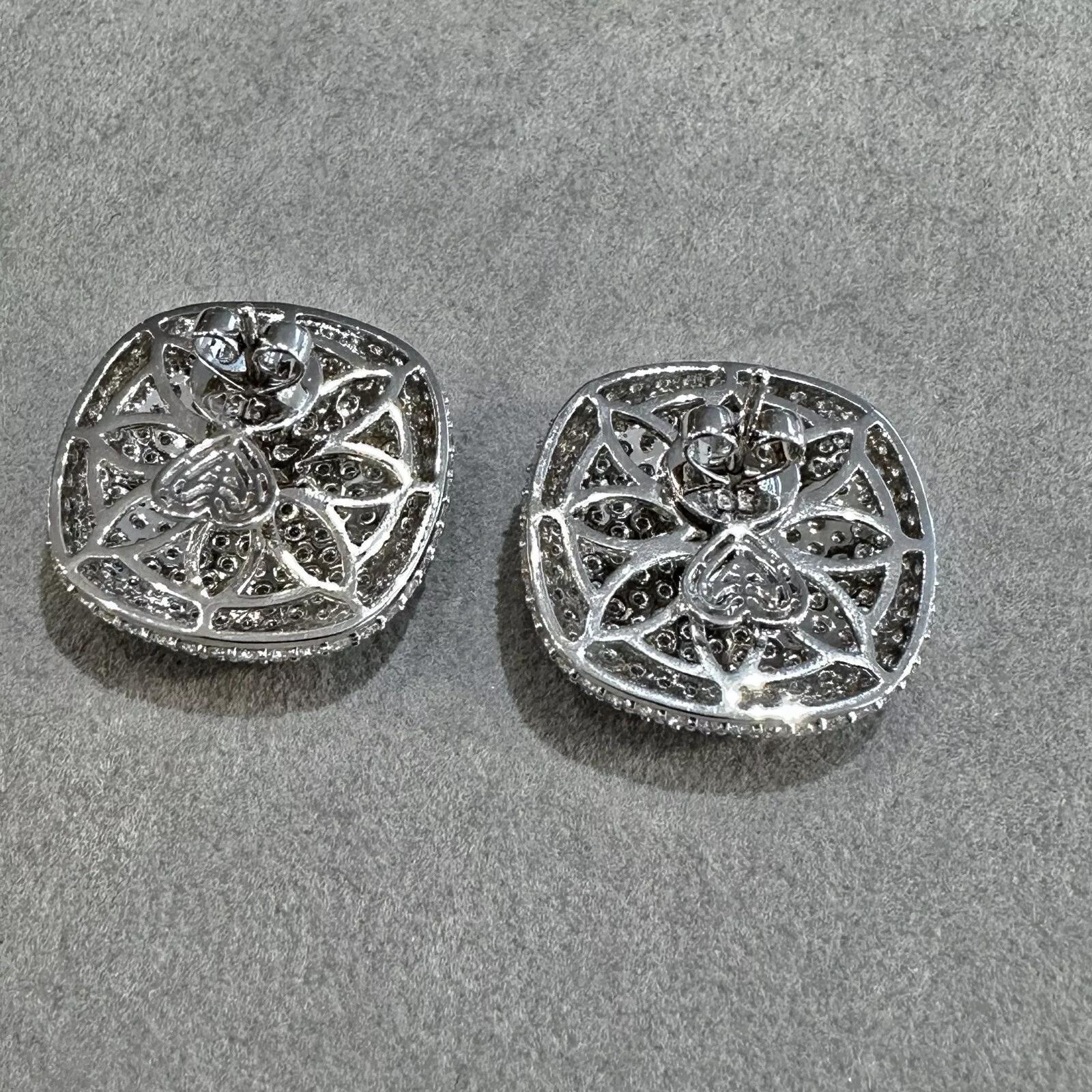 Women's Large Pave Diamond Cushion Button Earrings 6.93 carat total in 18k White Gold For Sale