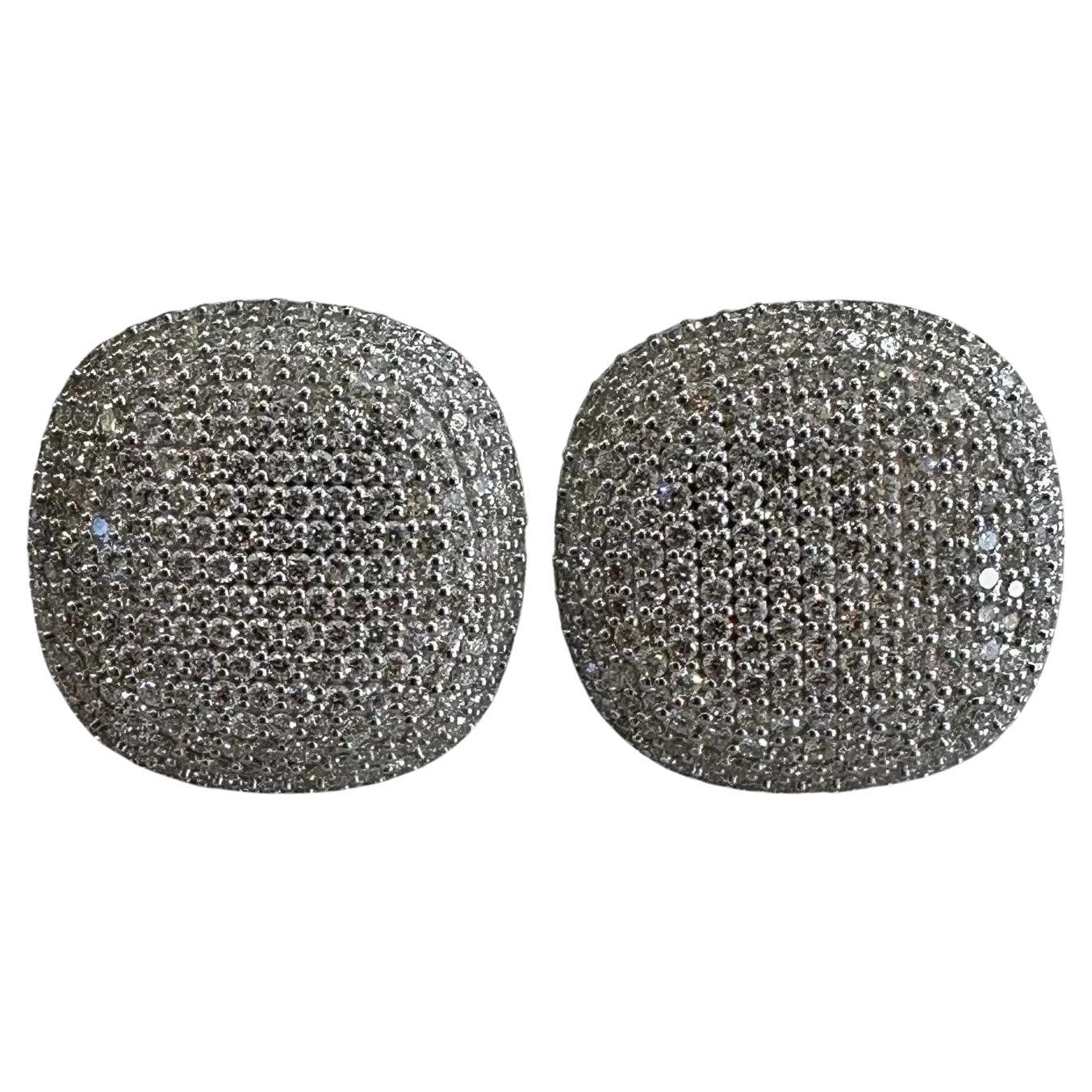 Large Pave Diamond Cushion Button Earrings 6.93 carat total in 18k White Gold