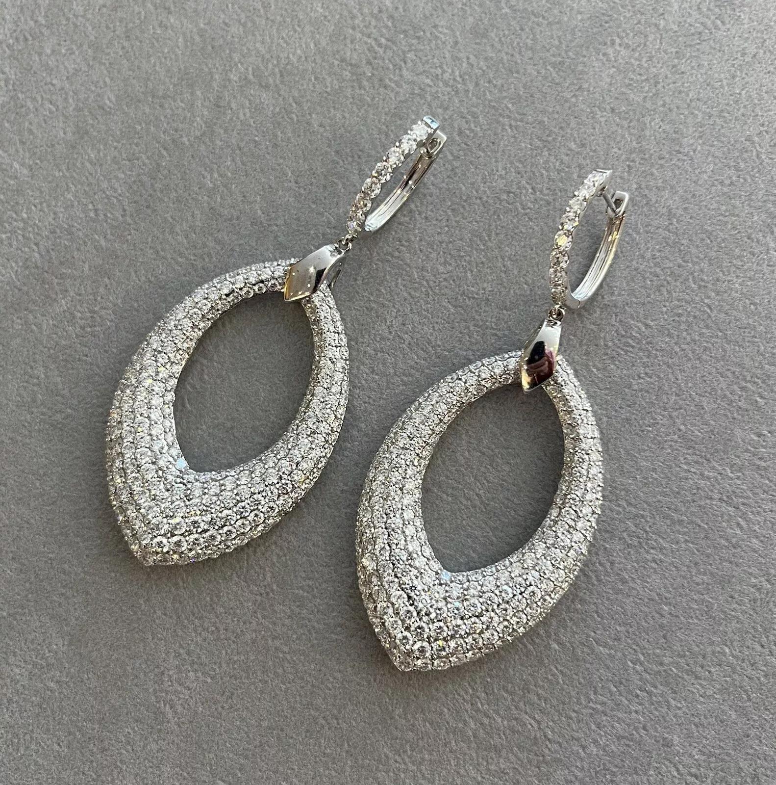 Round Cut Large Pave Diamond Drop Earrings 10.90 carat total weight in 18k White Gold For Sale