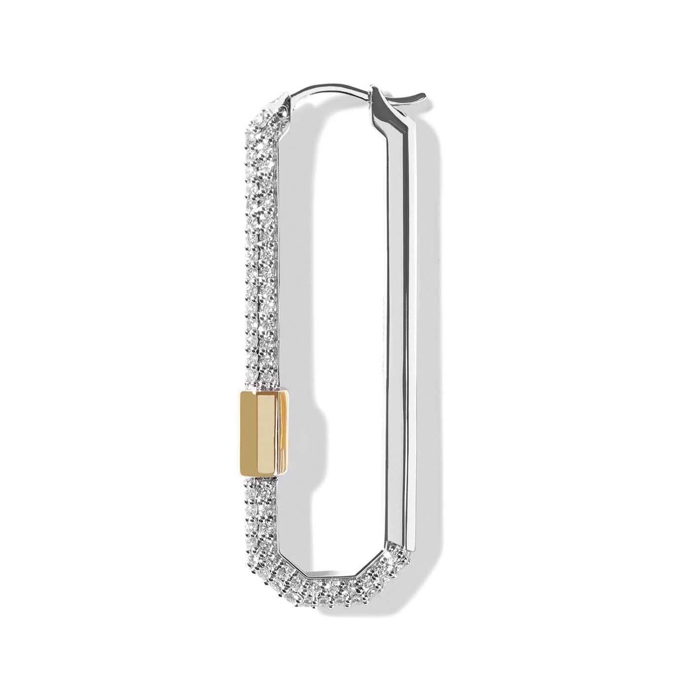 This Lock earring will add a cool edge to your AS29 jewellery collection.

Crafted in solid 18k gold, this earring is partially encrusted with pave diamonds and is finished with a solid gold barrel. A unique style, this earring will perfectly