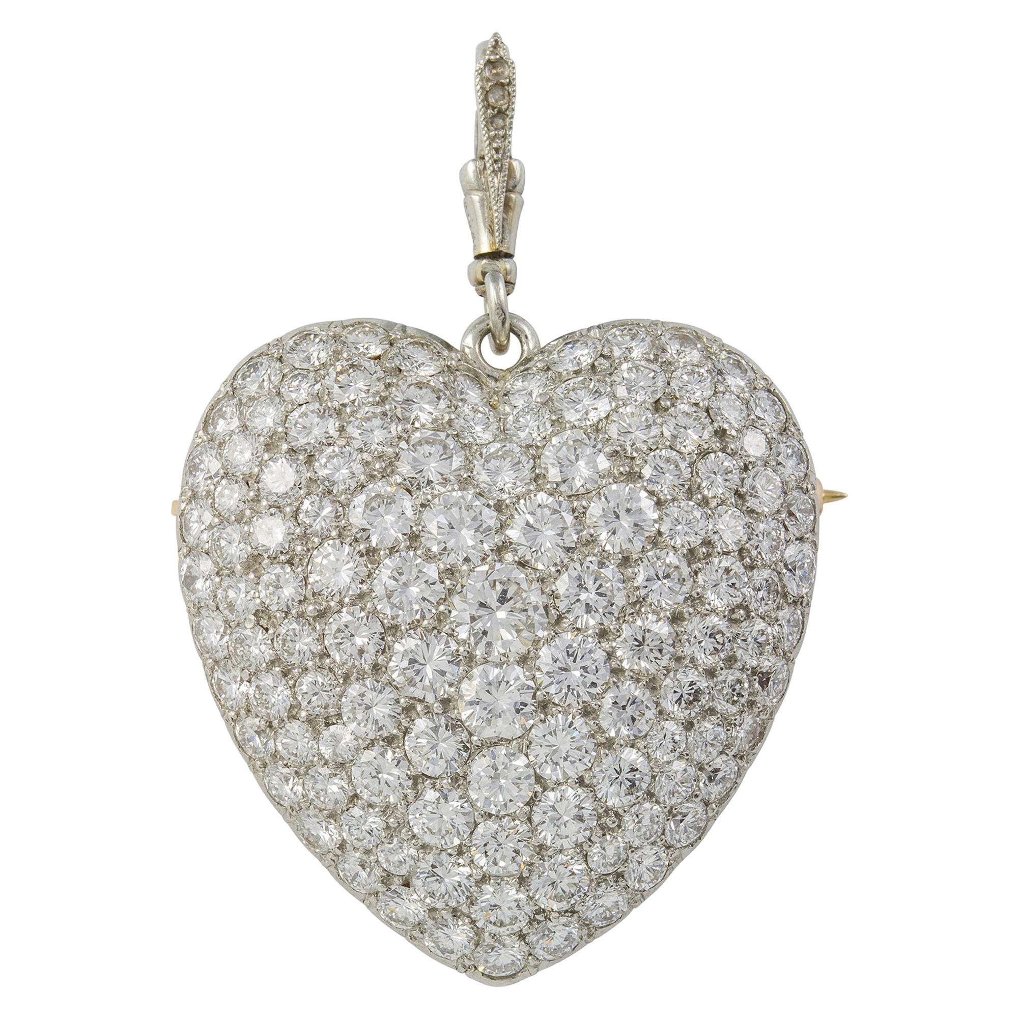 Large Pave Diamond Set Heart Brooch Pendant For Sale