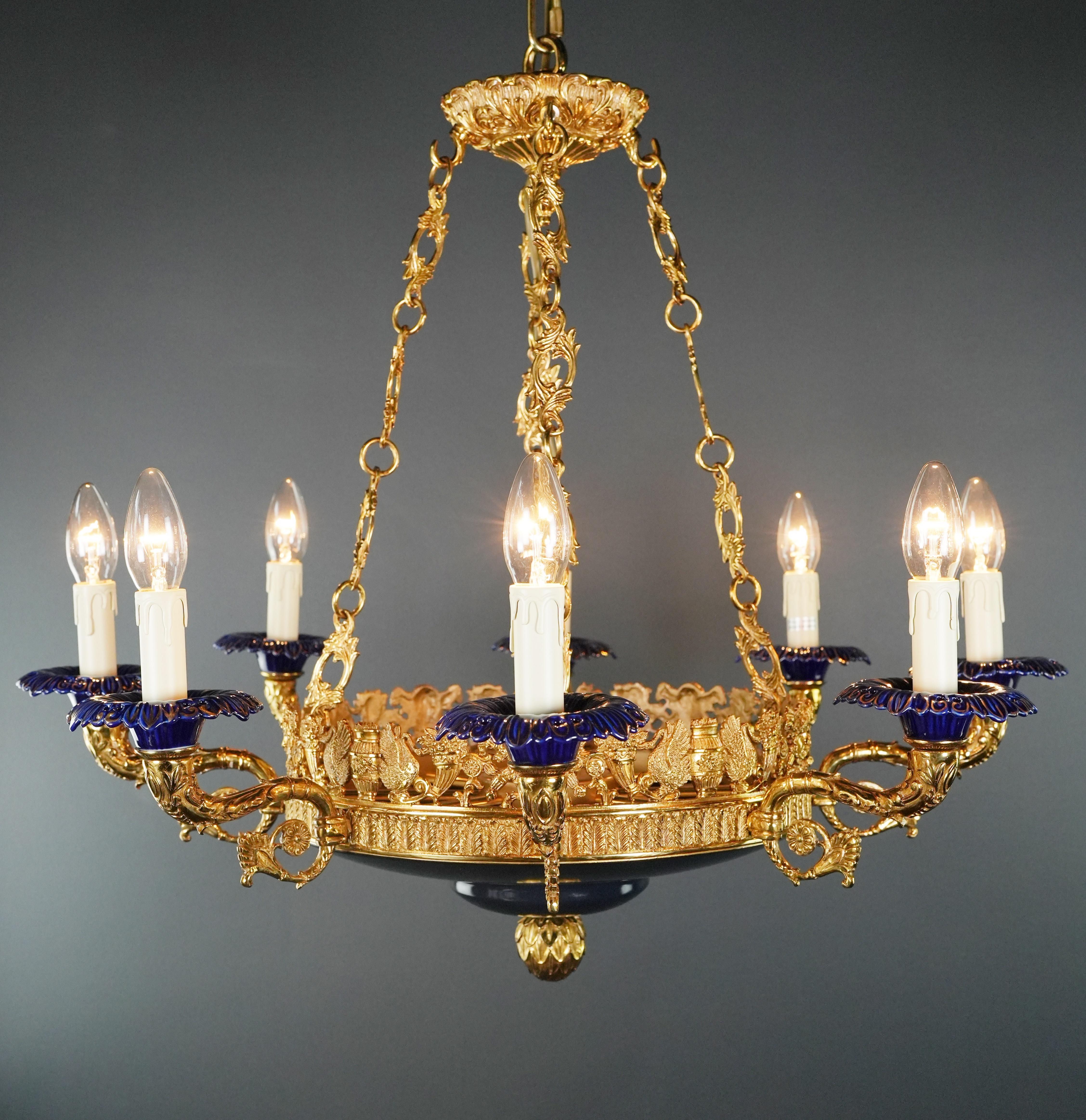 Aesthetic Movement Large Peacock Bird French Brass Empire Chandelier Lustre Lamp Gold Art Deco For Sale