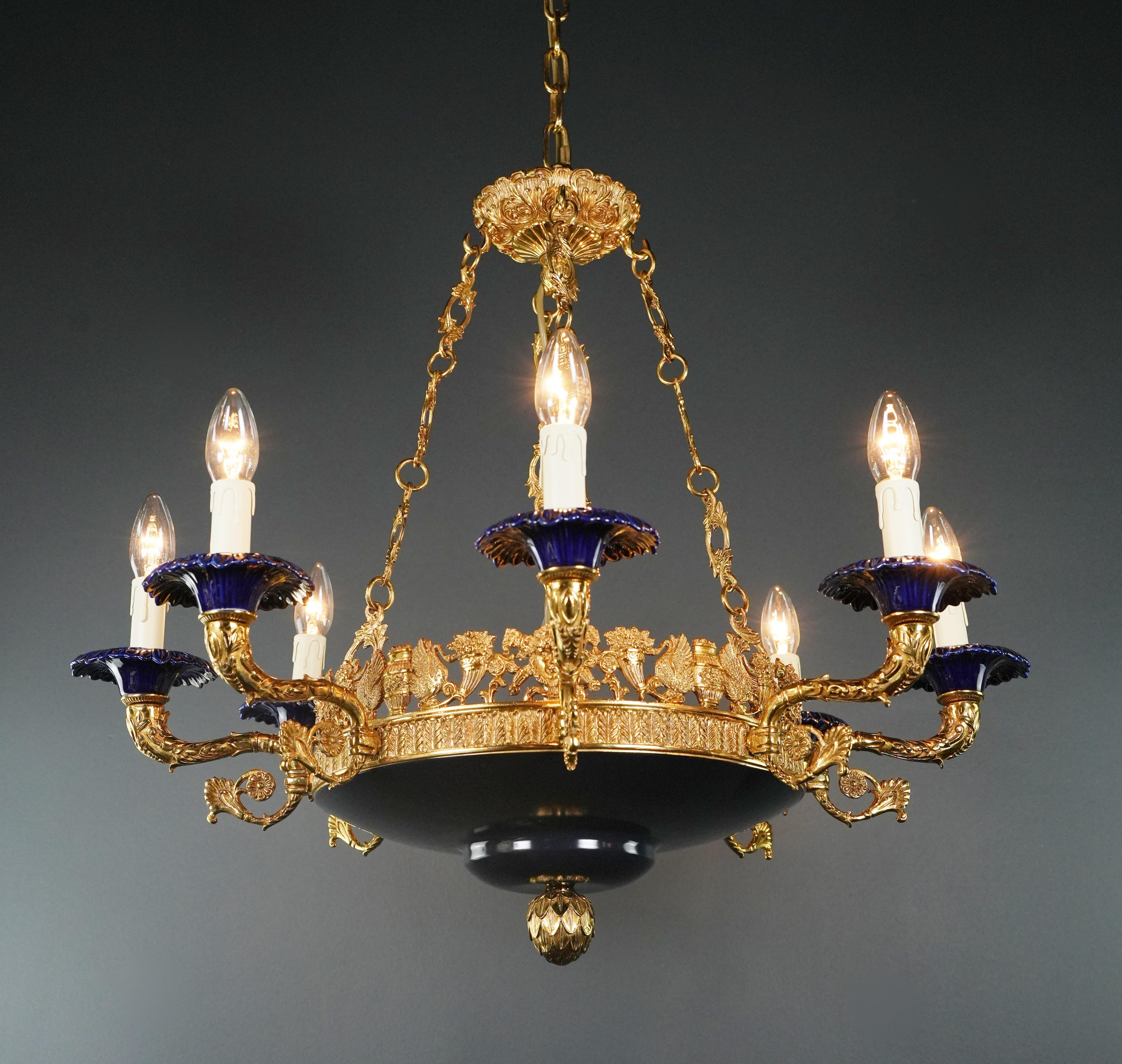 German Large Peacock Bird French Brass Empire Chandelier Lustre Lamp Gold Art Deco For Sale