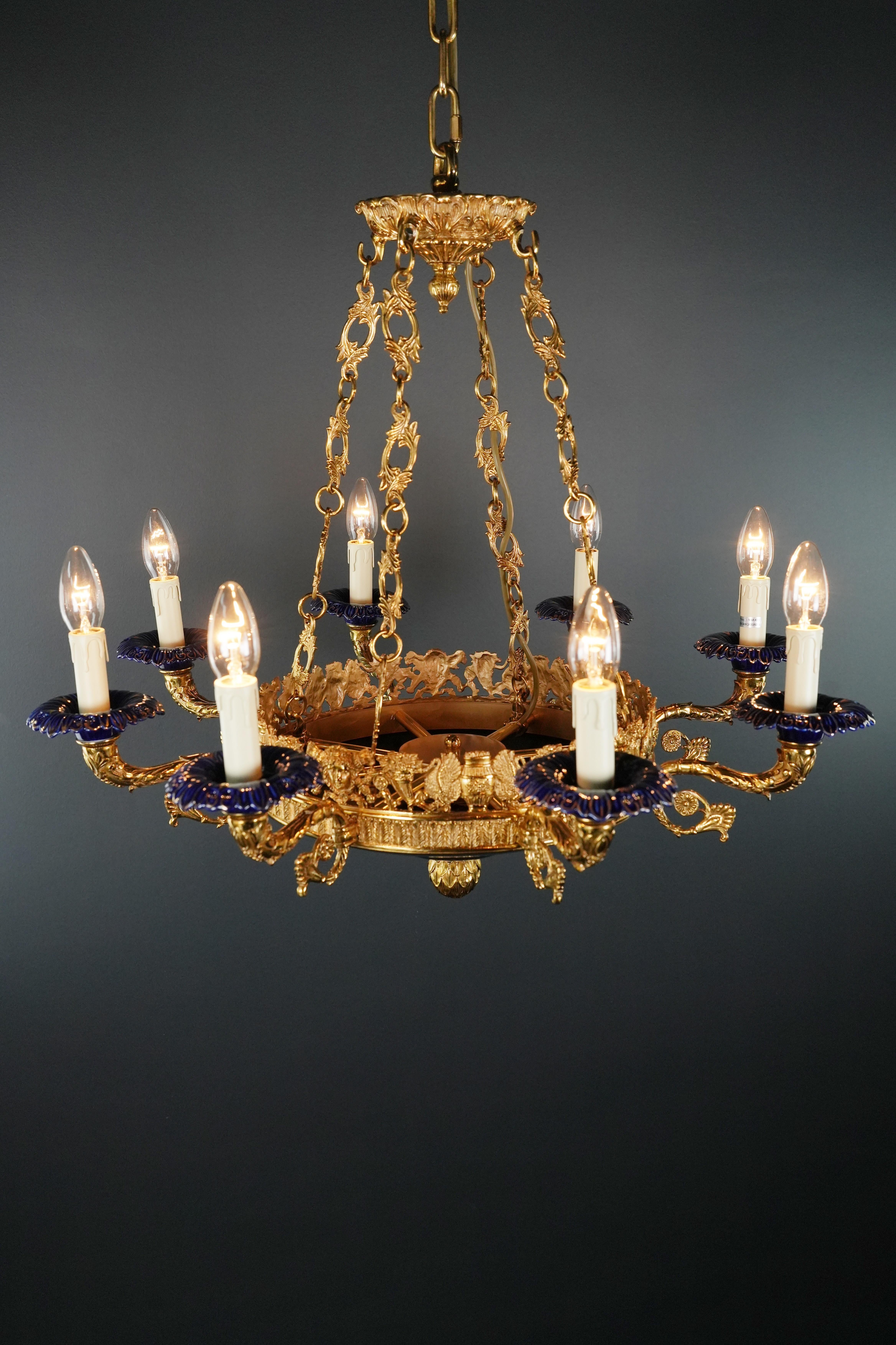 Contemporary Large Peacock Bird French Brass Empire Chandelier Lustre Lamp Gold Art Deco For Sale
