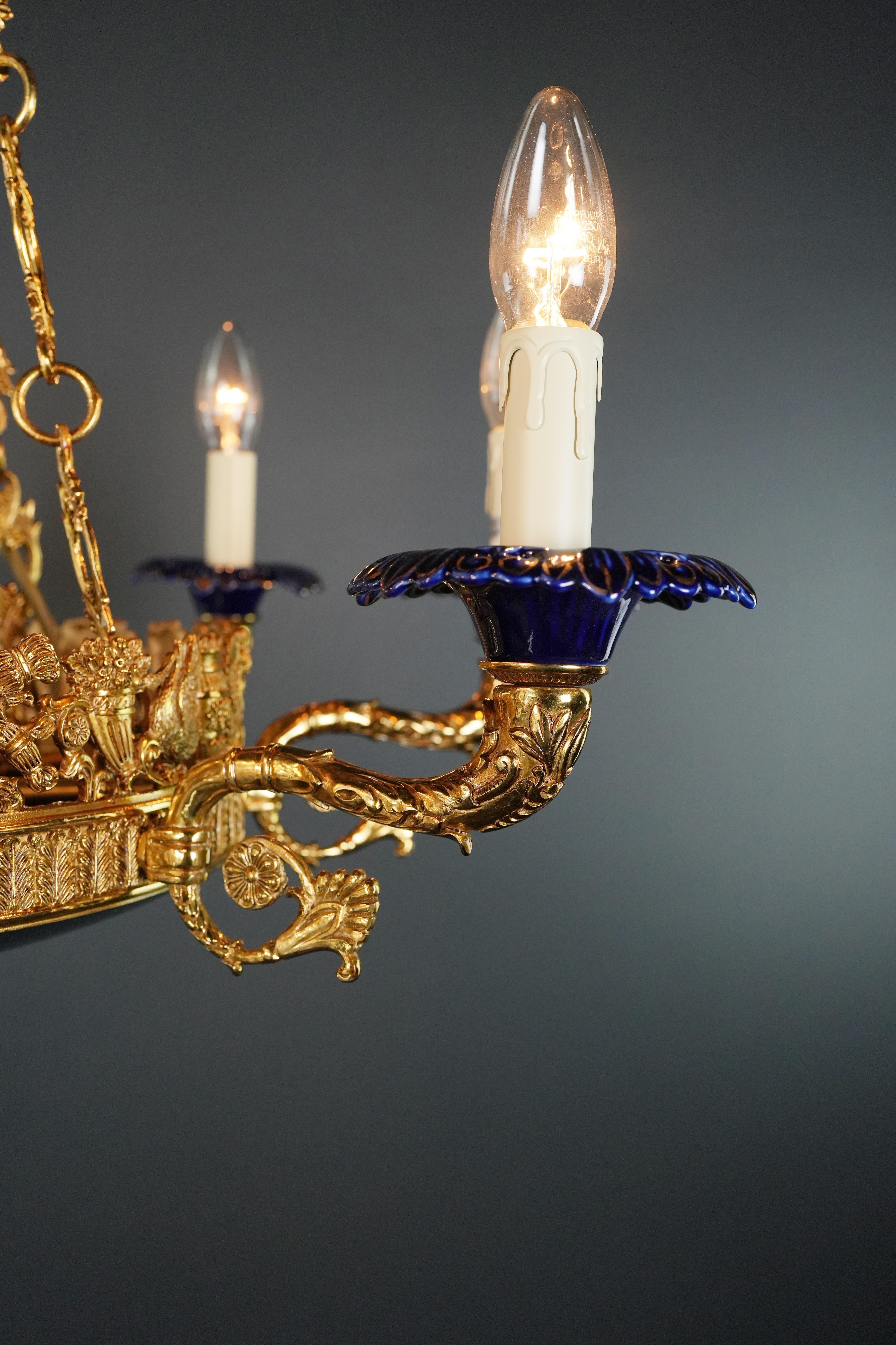 Large Peacock Bird French Brass Empire Chandelier Lustre Lamp Gold Art Deco For Sale 1