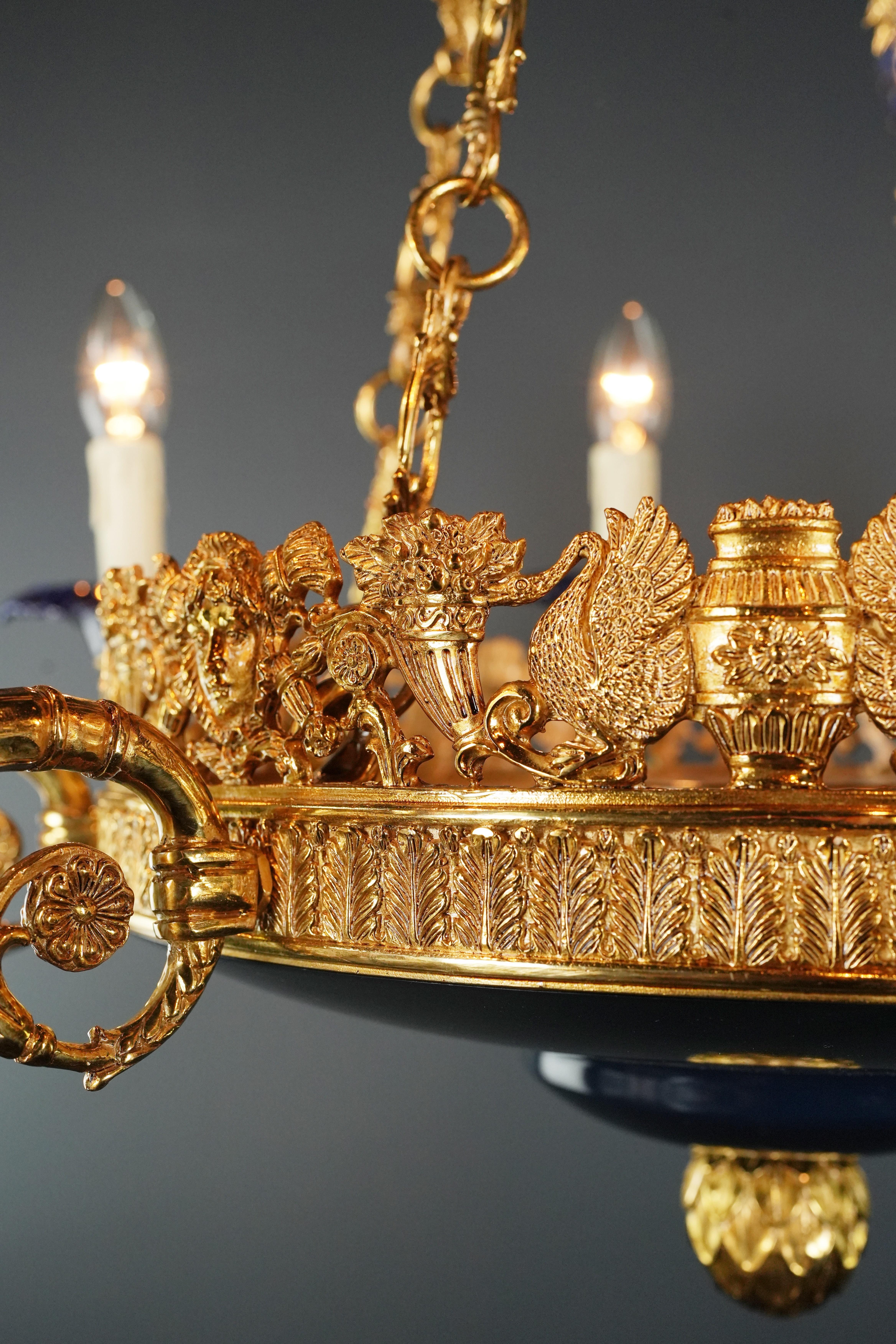Large Peacock Bird French Brass Empire Chandelier Lustre Lamp Gold Art Deco For Sale 2